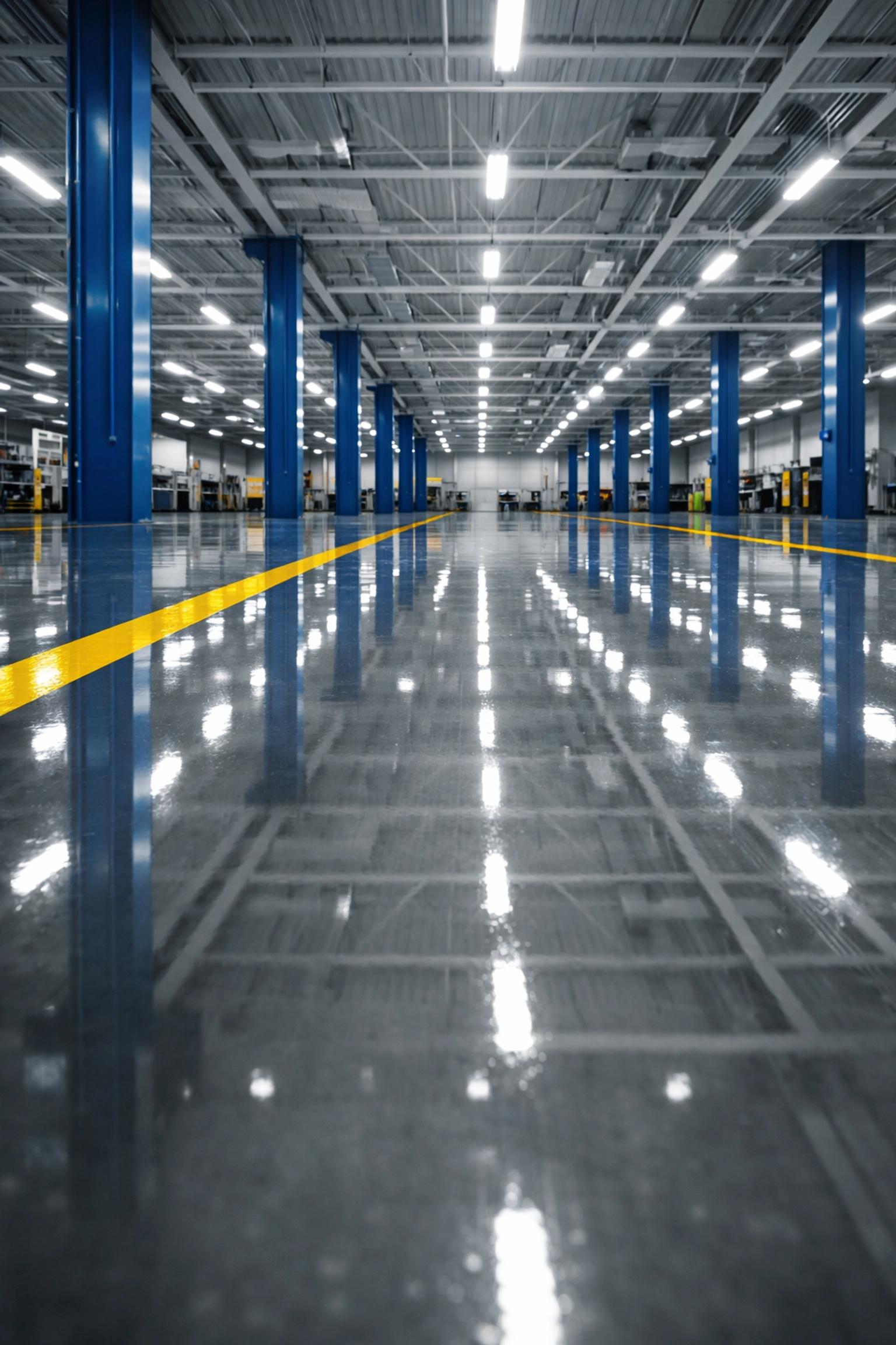 Pristine industrial warehouse floor in Norwood with polished concrete and clear safety markings.