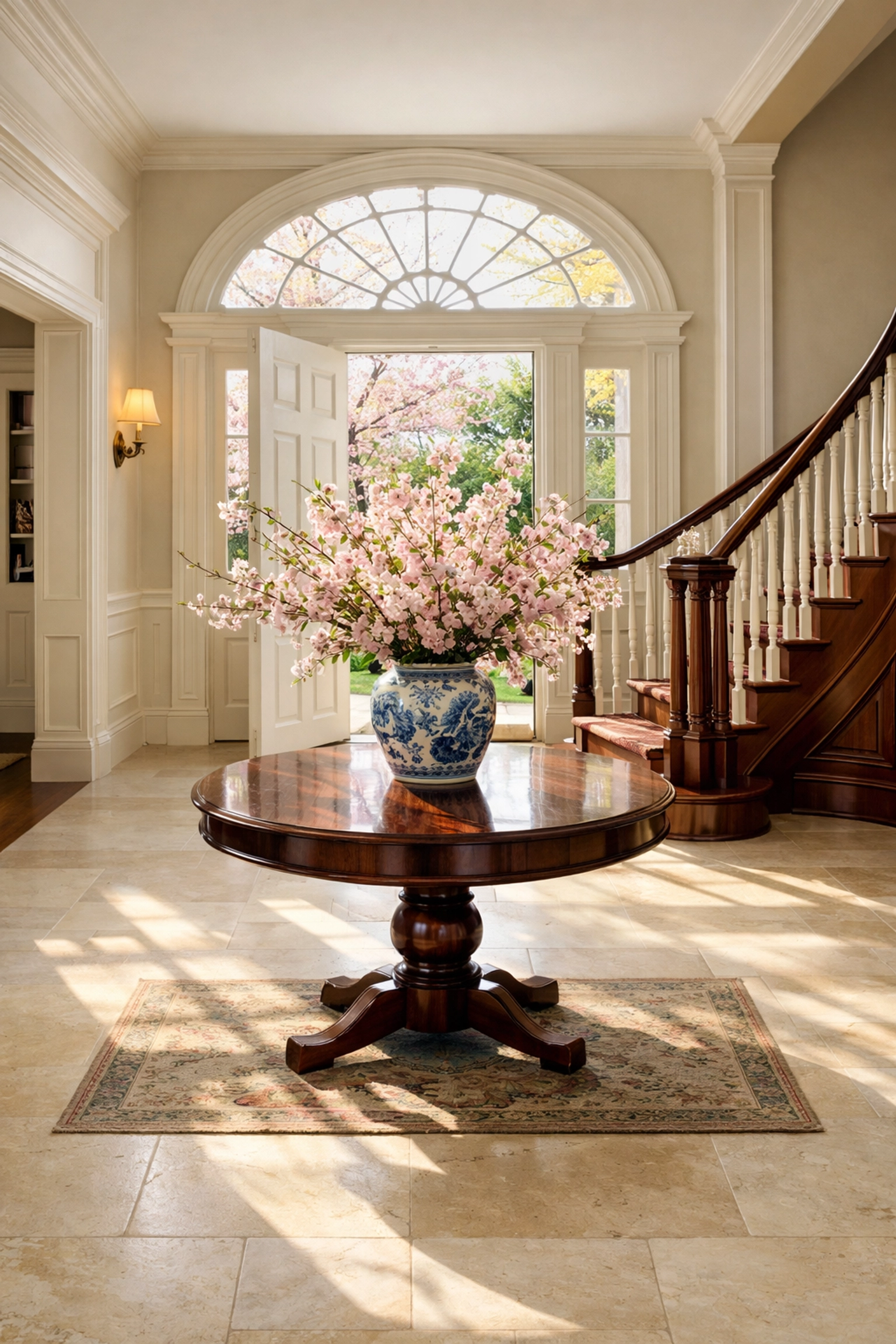 Grand Dover entryway with spotless limestone floors, better than standard bi weekly house cleaning results.