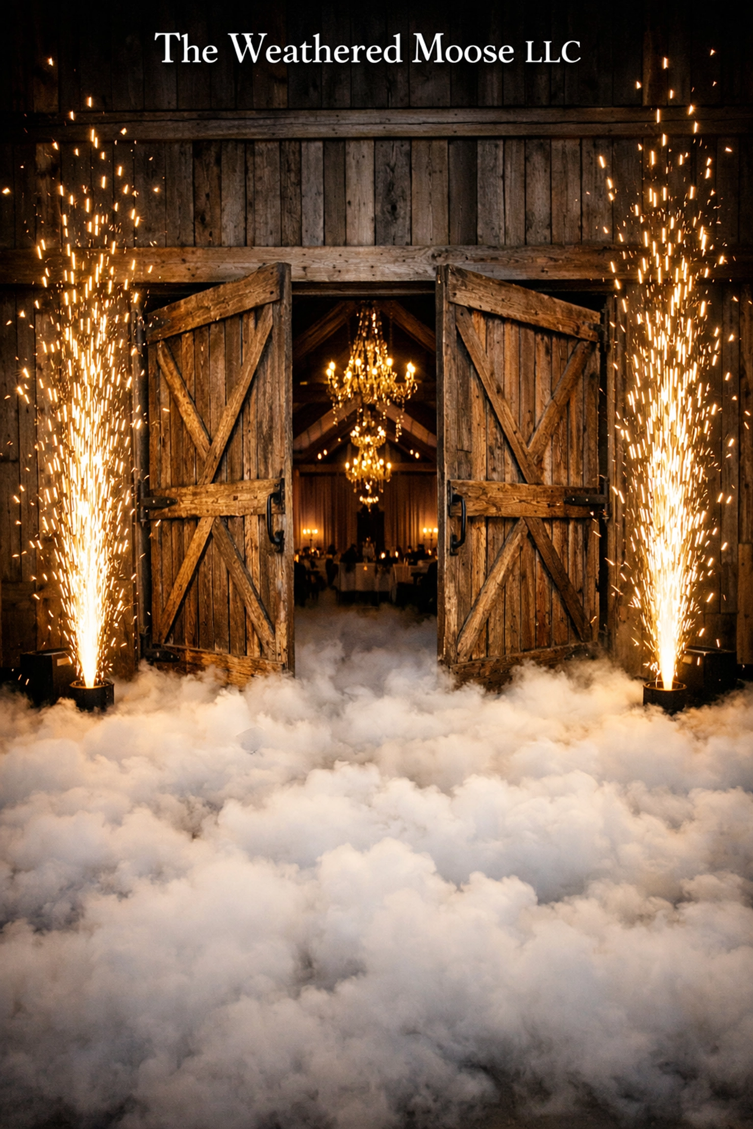 Grand wedding entrance featuring rustic barn doors, cold spark effects, and low-lying fog.
