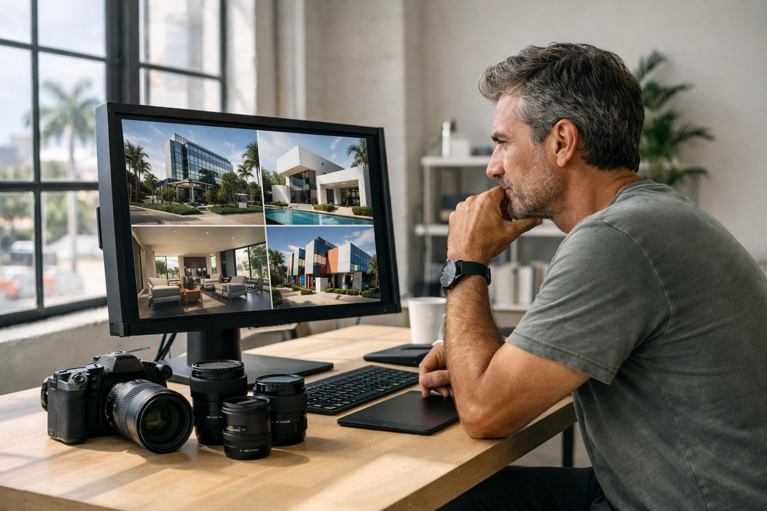 Professional photographer in a Miami studio reviewing images to qualify for premium jobs for photographers.