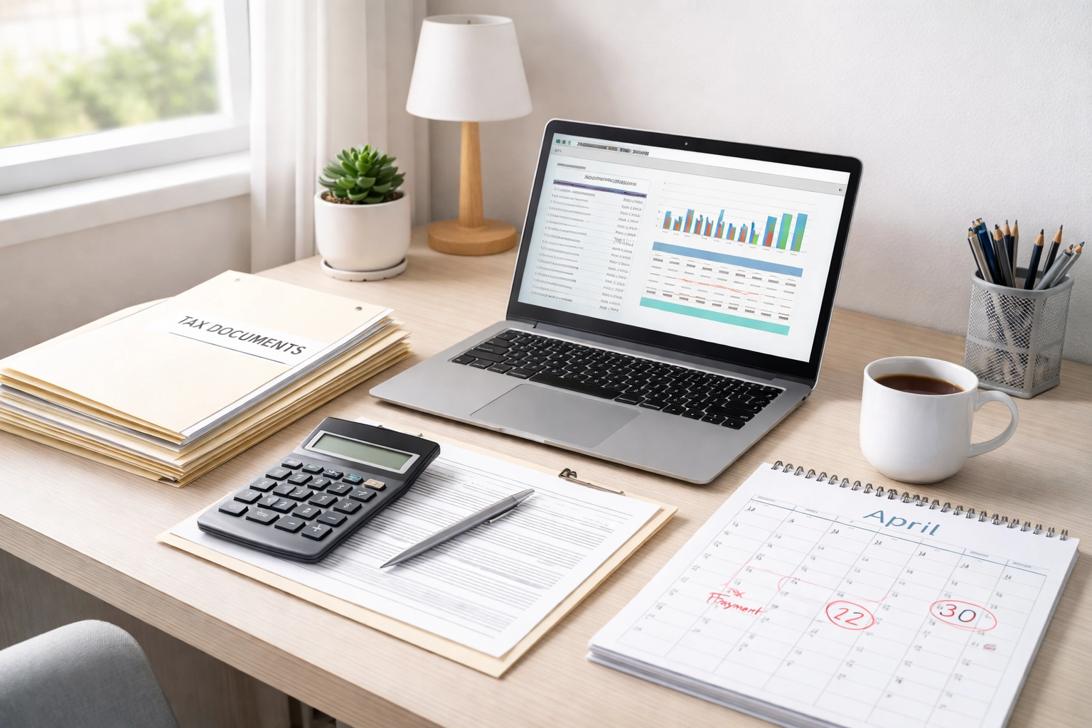 Modern office workspace showing tax documents, calculator, and payment calendar for IRS installment agreement planning