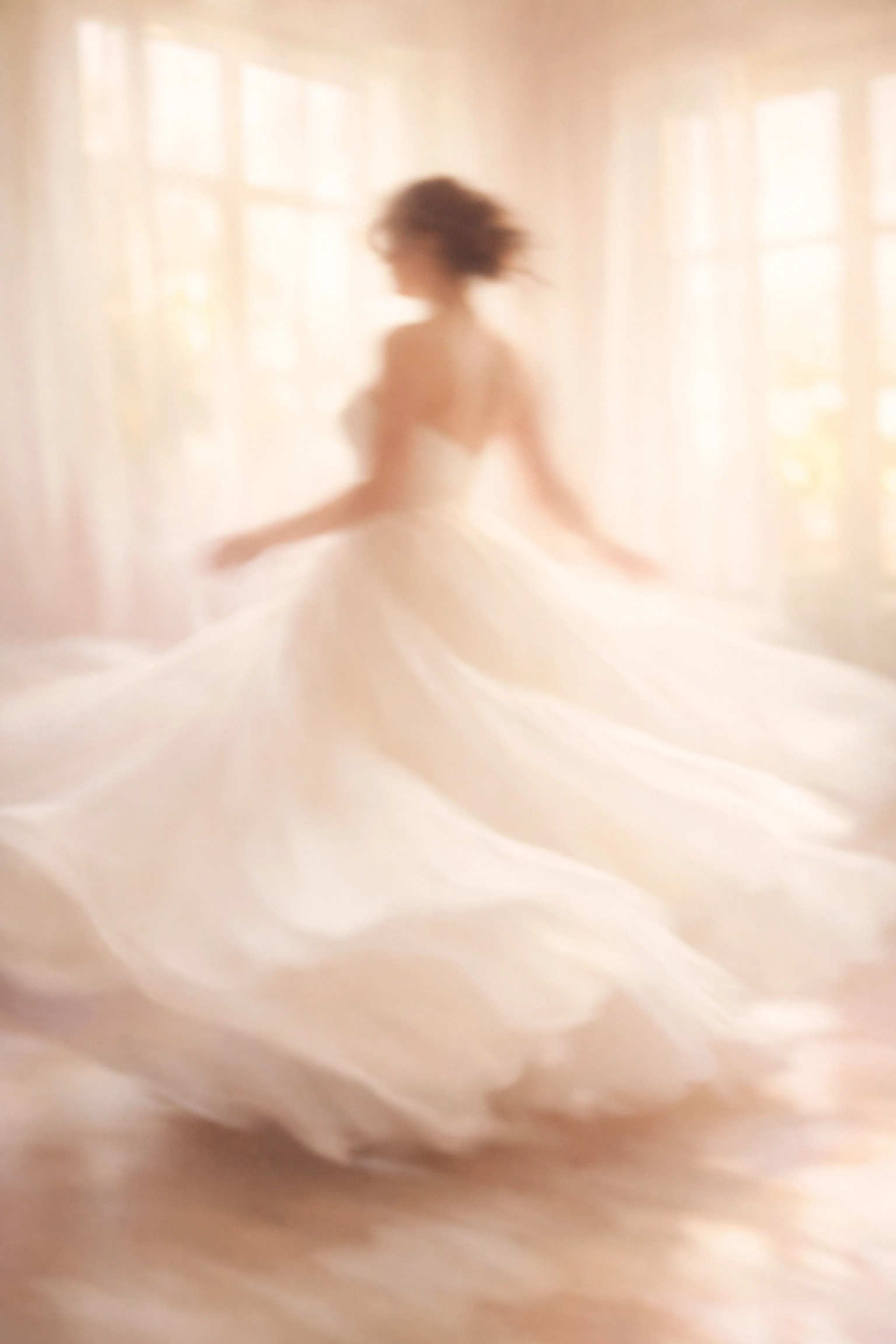A bride-to-be spinning in a luxury couture wedding gown made of flowing tulle and silk.