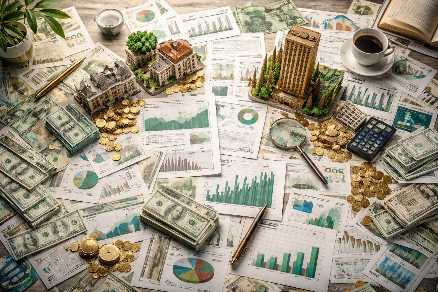 An overhead view of a cluttered desk with investment materials, highlighting over-diversification risks.