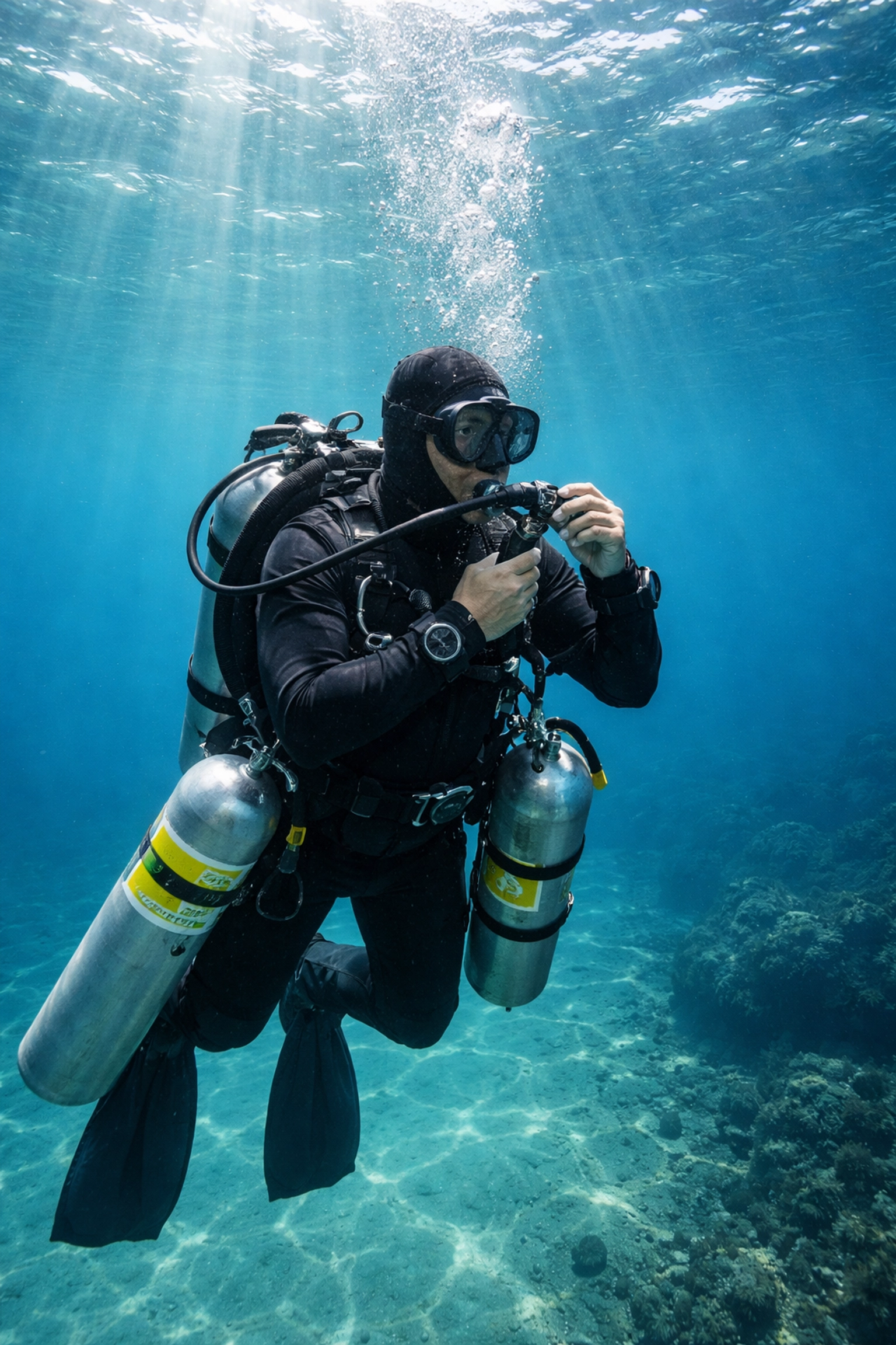 Trimix-Taucher beim Gaswechsel während der Dekompression, deutliche Sichtverhältnisse und sichere Tauchpraxis