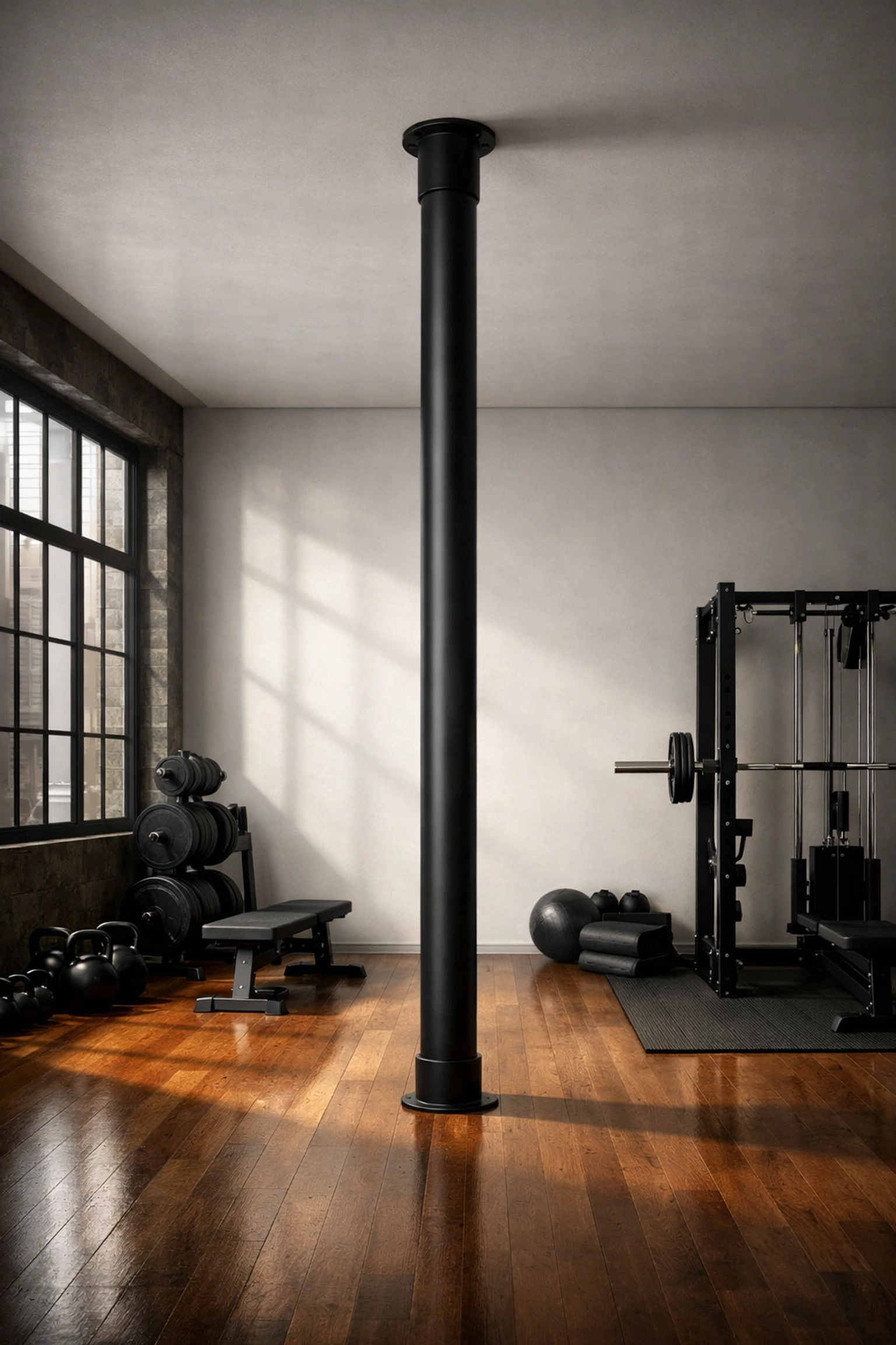 Sleek floor-to-ceiling CrossFit home gym system in a modern loft with no wall damage.