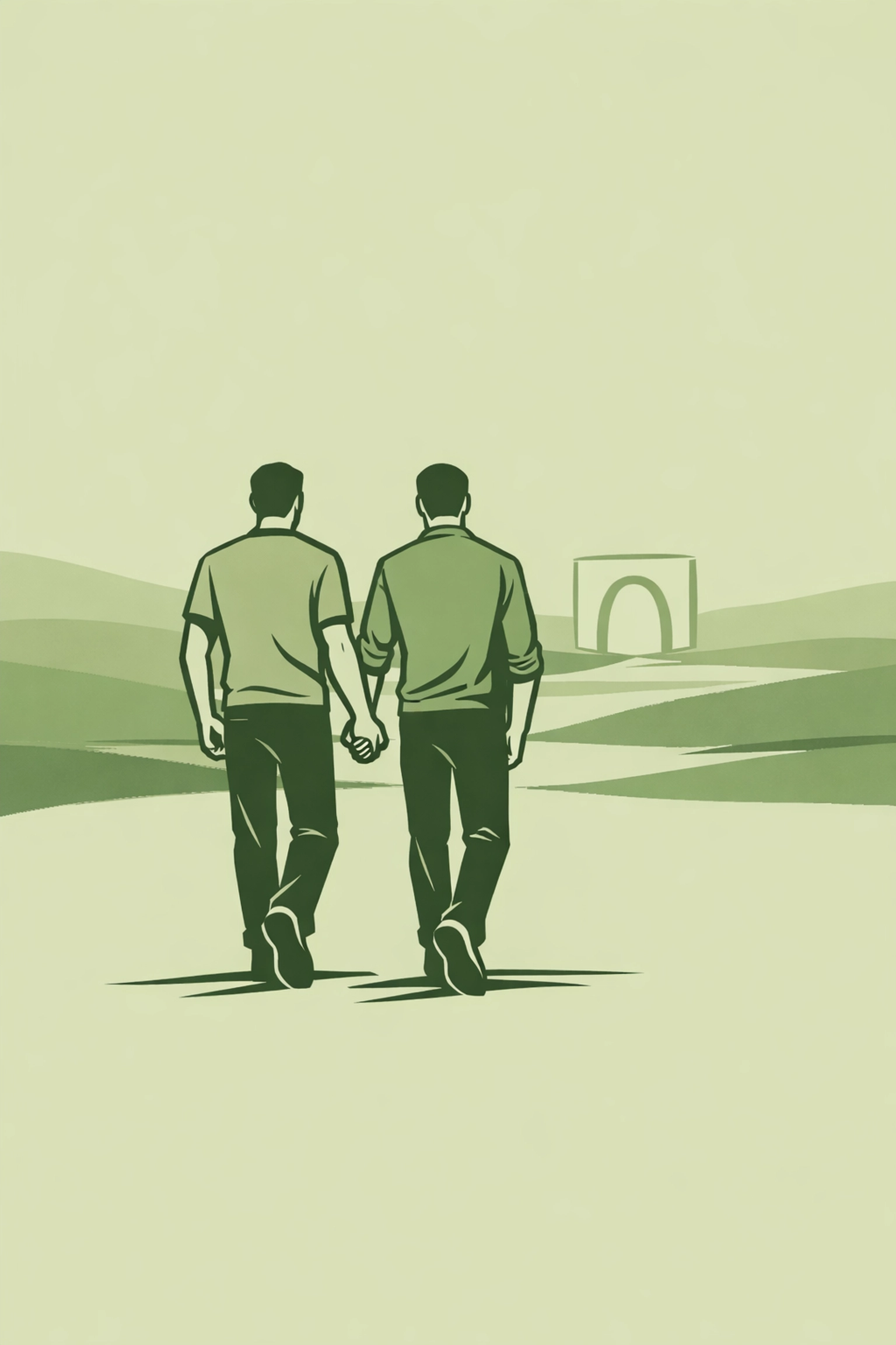 Minimalist art of two men walking toward the horizon, depicting a life rebuilt in M/M books.
