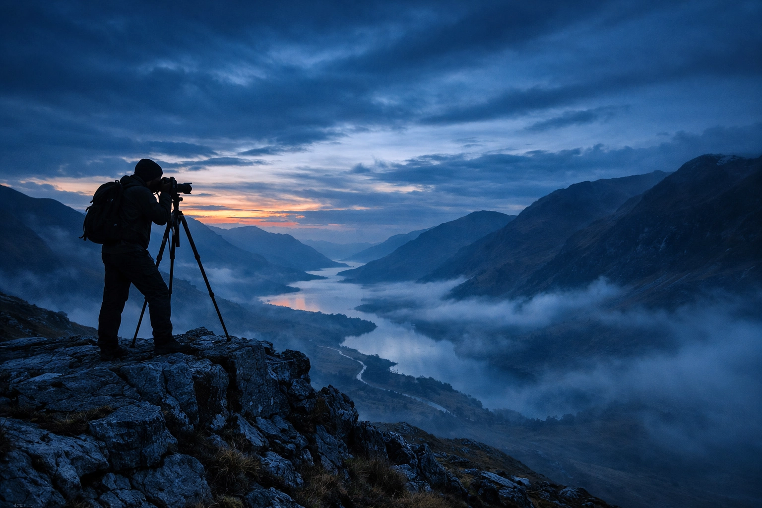 A photographer silhouetted in the Scottish Highlands, capturing authentic travel photography at a top photo spot.