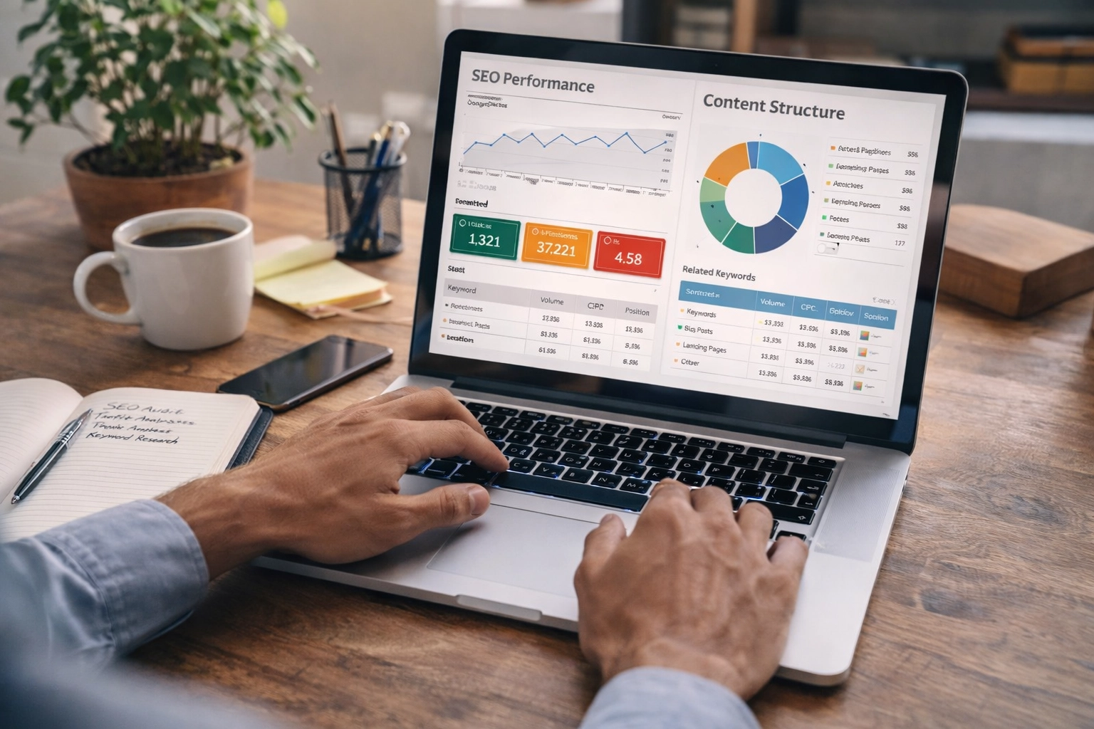 Marketing professional checking SEO analytics and content performance on a laptop