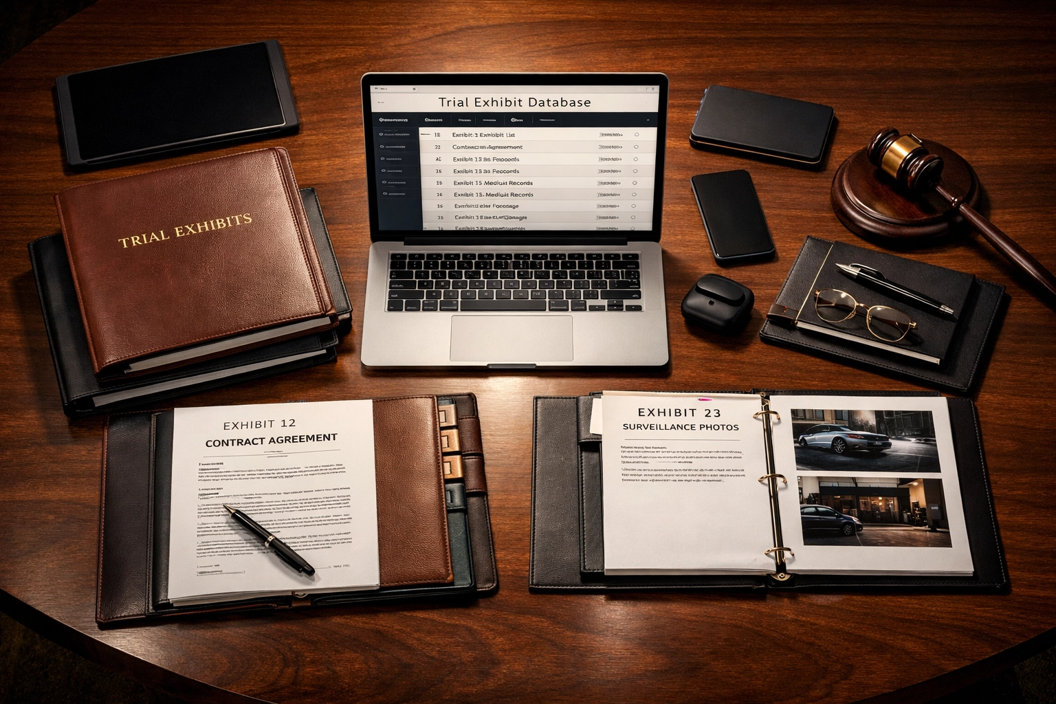 Organized courtroom trial tech workspace with trial exhibits, laptop database, and presentation equipment