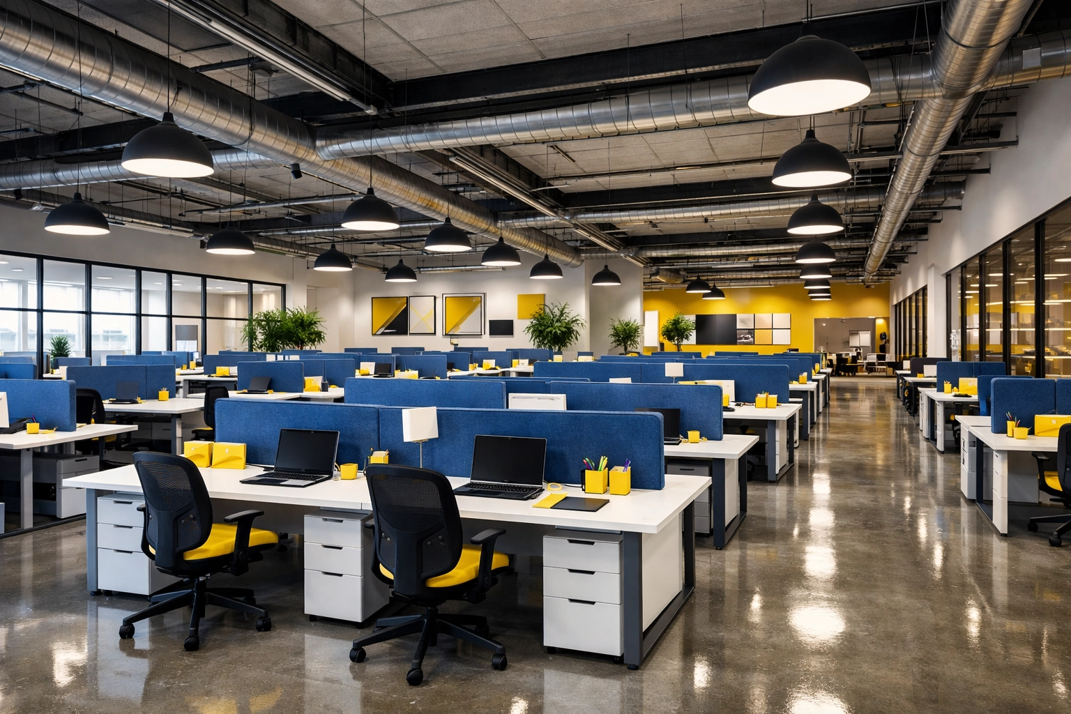 Clean open-concept commercial office space in North Brookfield with sparkling floors and workstations.