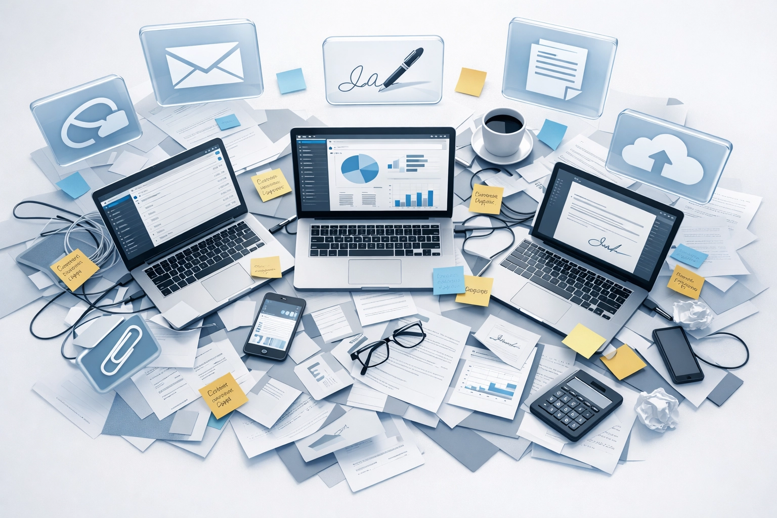 Chaotic workspace showing fragmented business tools and manual processes wasting time