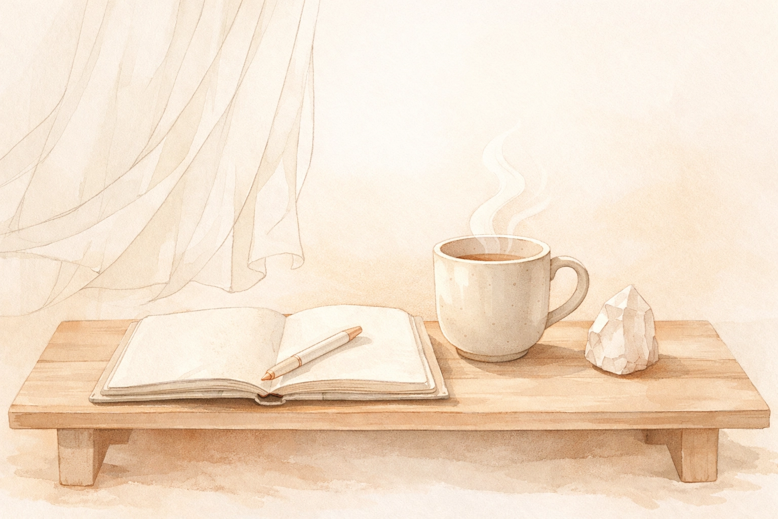 A peaceful journaling space with an open notebook and crystal for shadow work reflection.