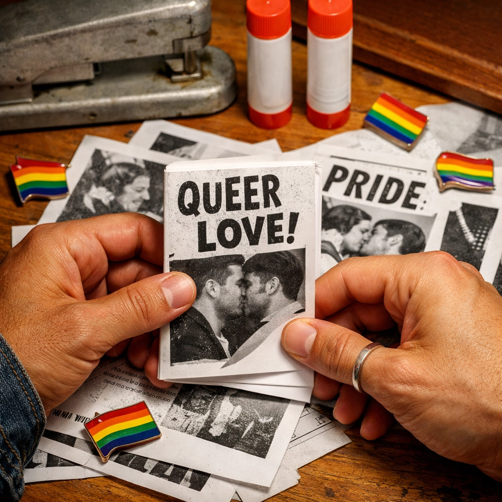 Close-up of hands assembling a DIY LGBTQ+ zine on a desk with rainbow pins and queer literature.