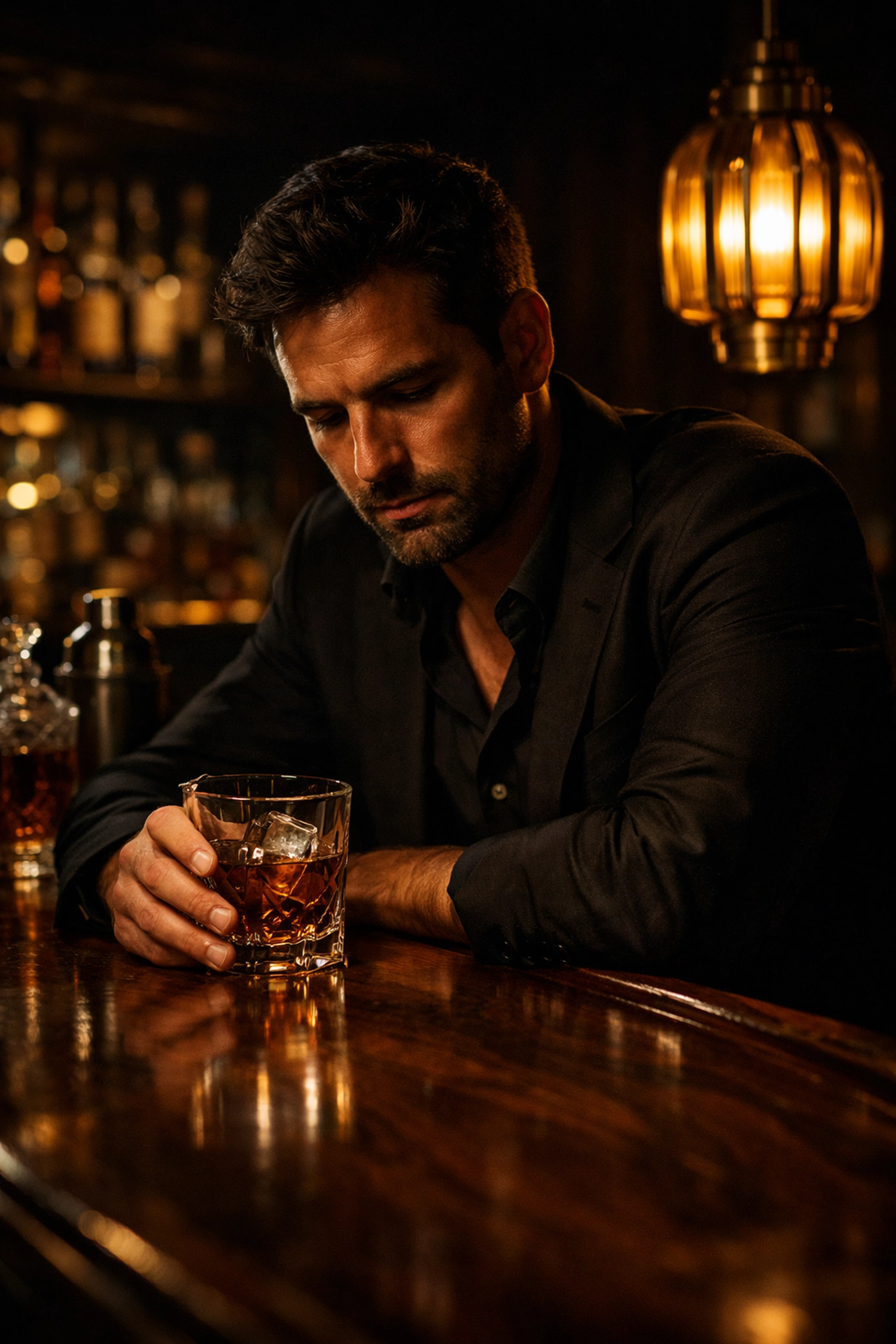 A low-light unposed portrait of a man in a Miami speakeasy, highlighting authentic lighting and mood.