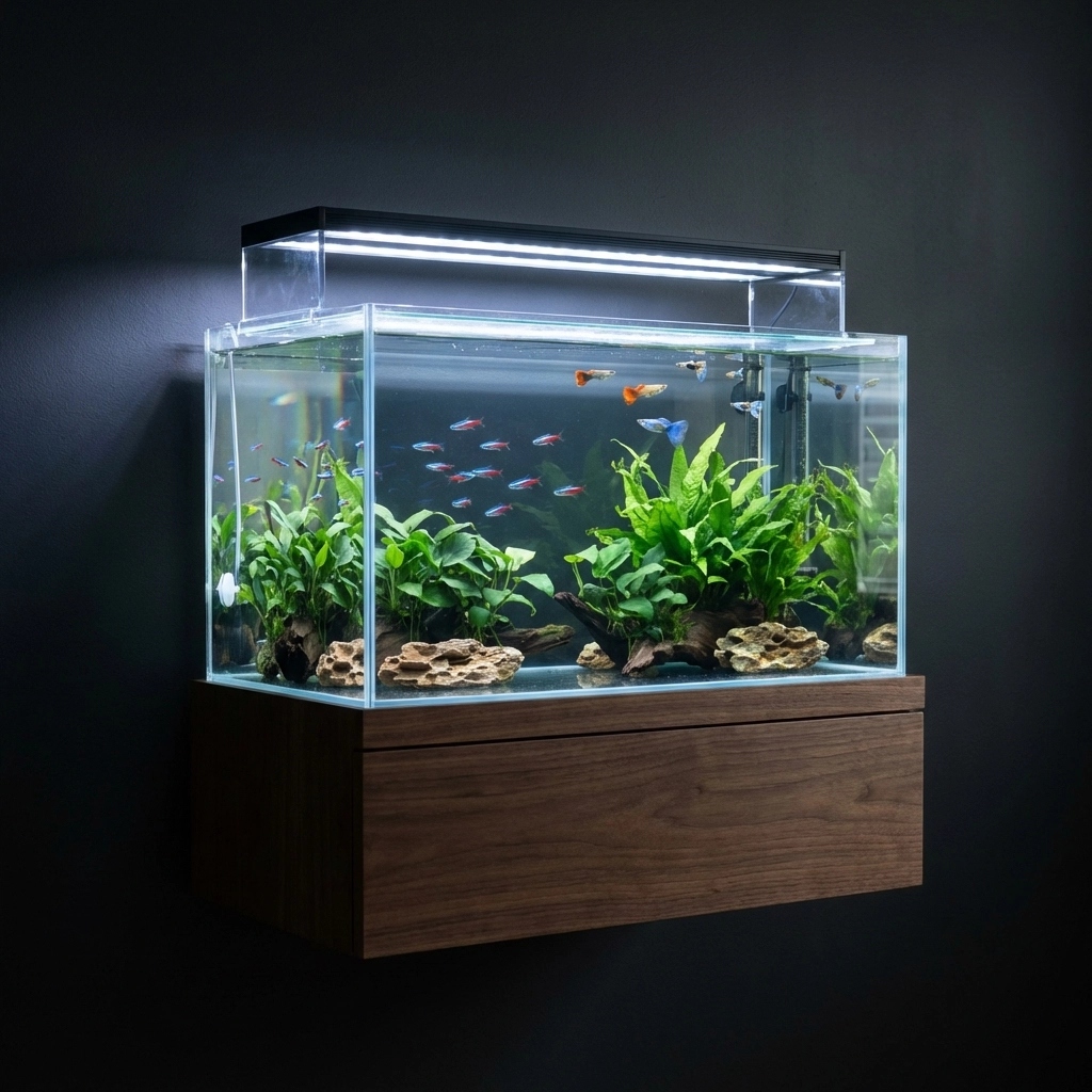 Modern pre-made aquarium with tropical fish and plants on a minimalist stand, ideal for easy home installation.