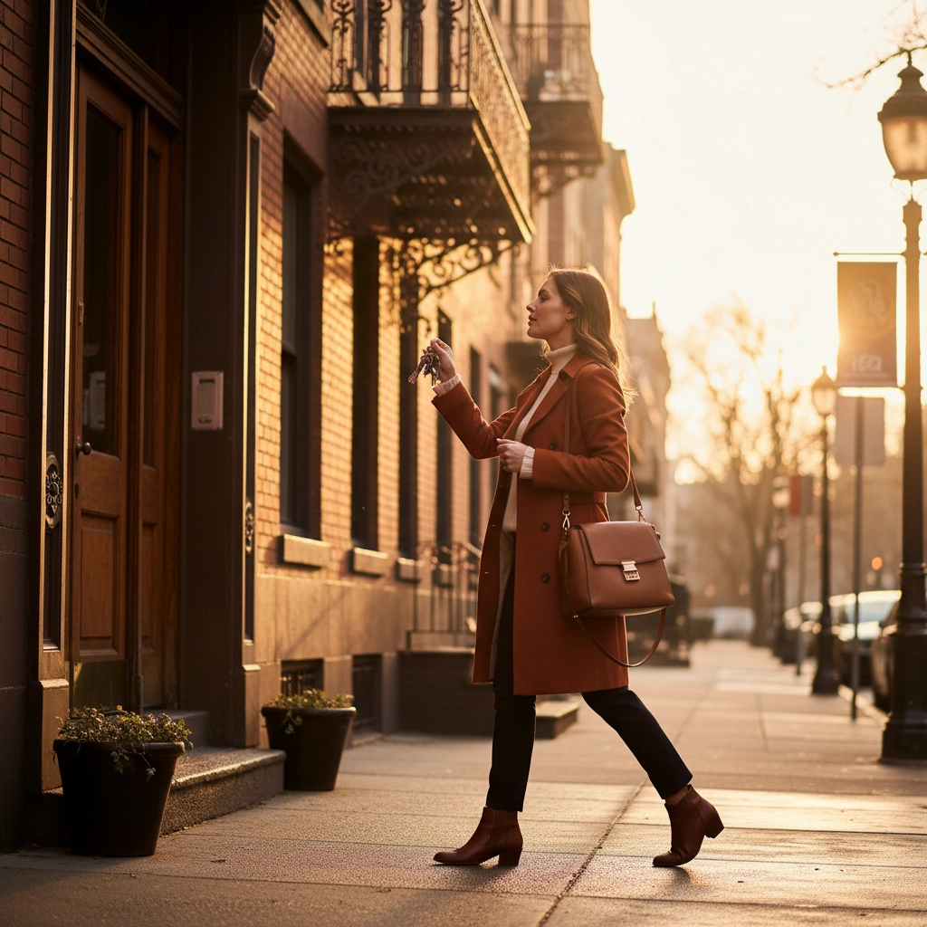Photo of a woman is walking confidently to her front door in the city. You can see down the sunlit street which is lined with cars. two planters sit on either side of her door. Safe at Home: Easy Security Upgrades for Women