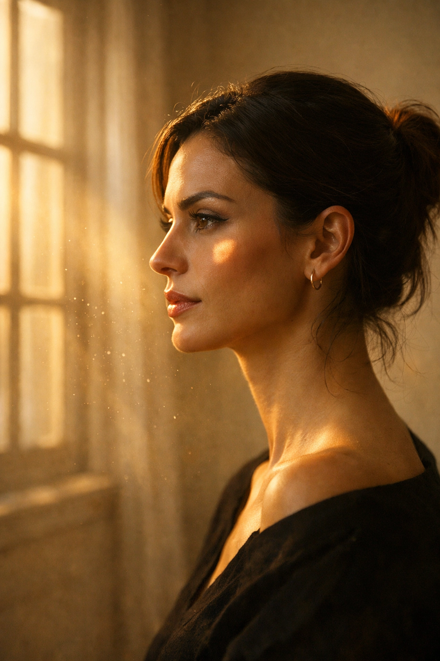 Natural window light creating professional Rembrandt lighting for a soft portrait photography look.