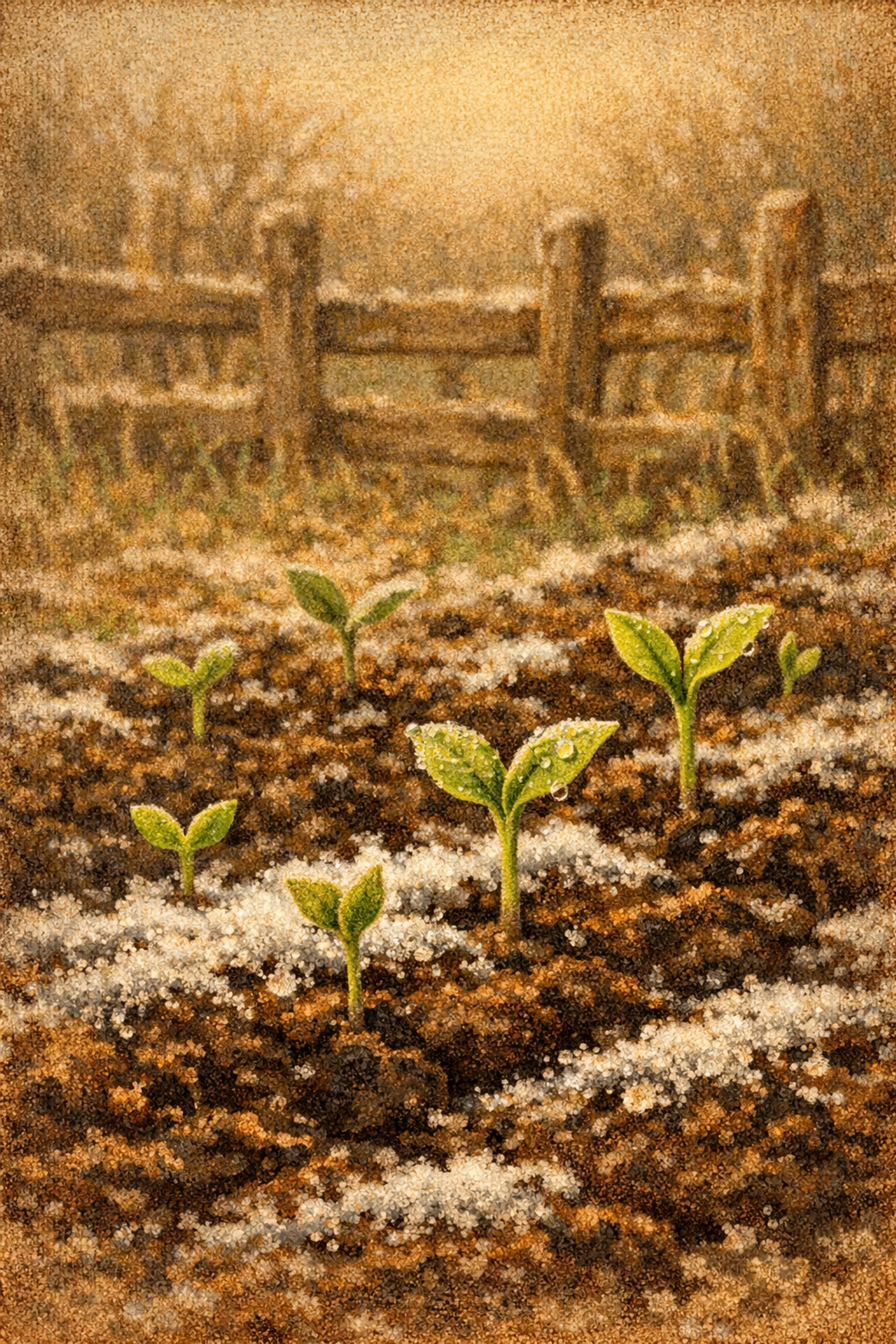 Tiny spring seedlings emerging from rich farm soil, illustrating the beauty of God's timing.