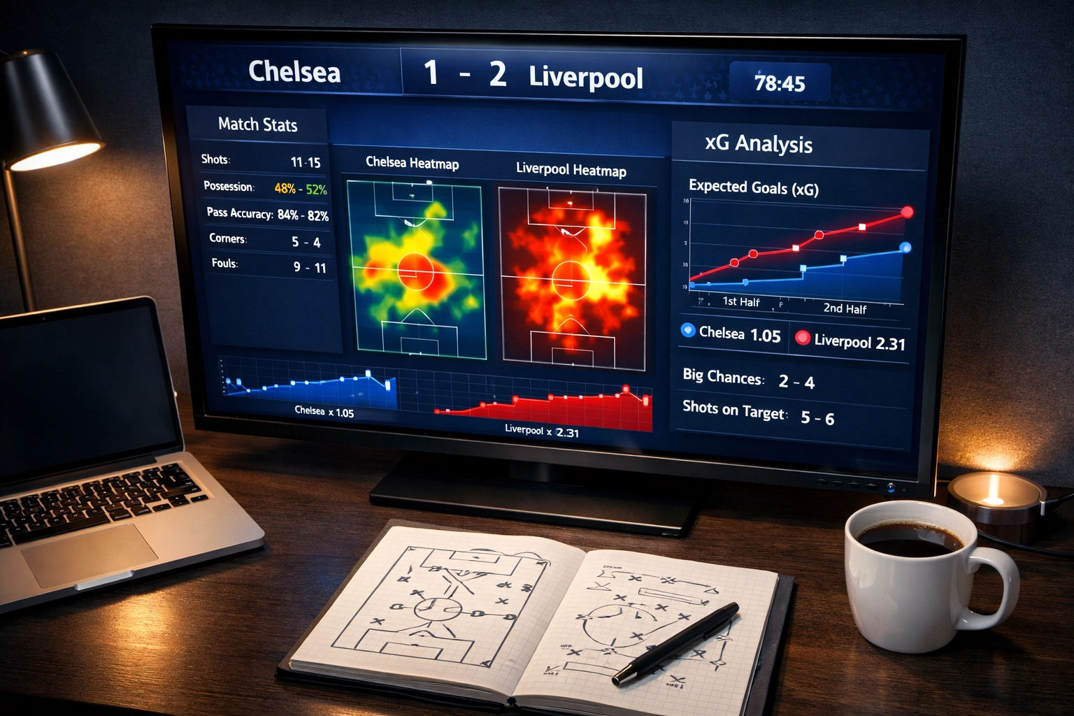 Sportwetten-Analyse Arbeitsplatz mit xG-Daten und Premier League Statistiken auf Monitor