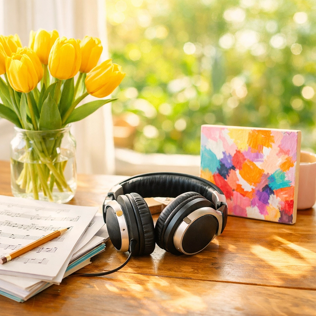 Vibrant scene with sheet music and flowers, representing Mary Cosmo's creative interests and community life.