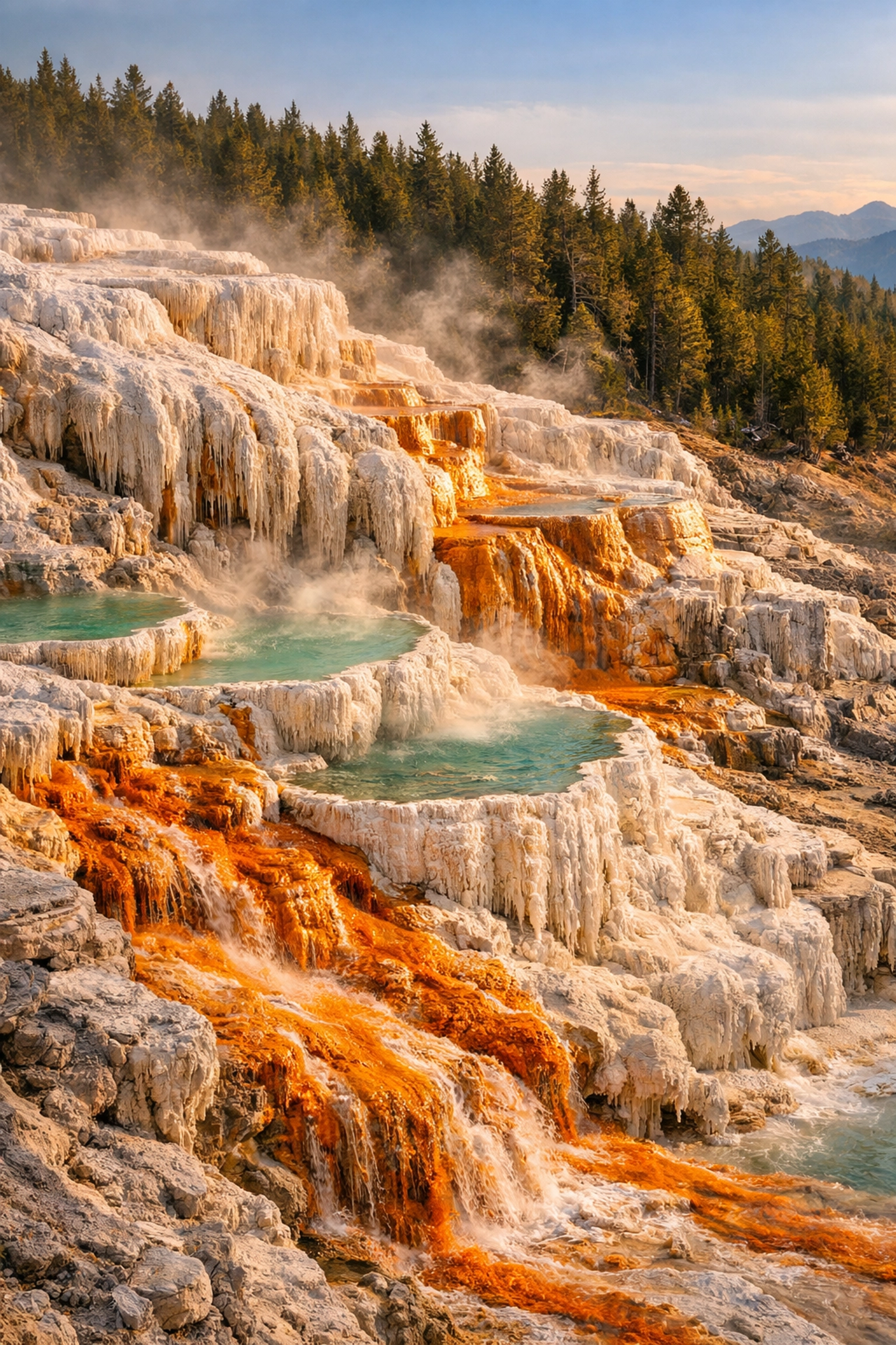 Mammoth Hot Springs travertine terraces in Yellowstone for student earth science learning
