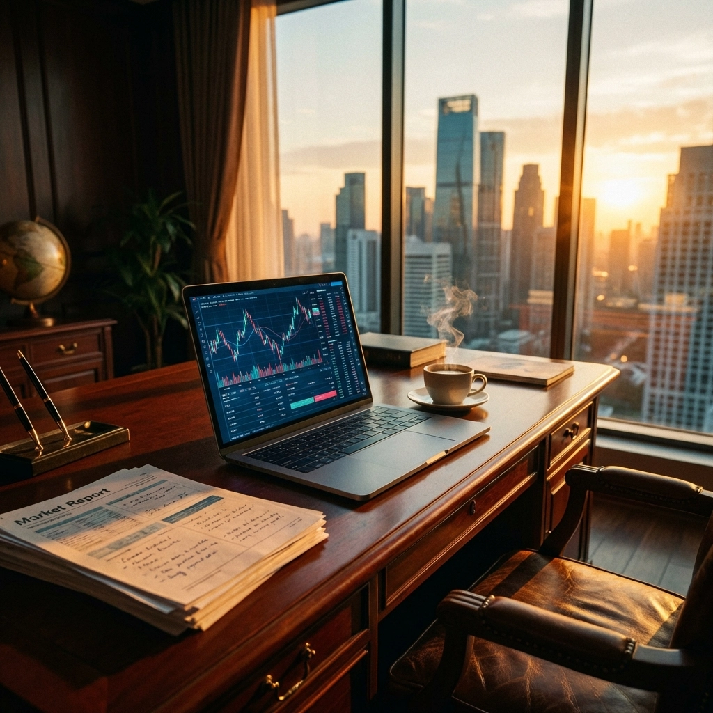 Investor's desk at sunset with financial charts and reports, illustrating risk mitigation strategies for 2026.