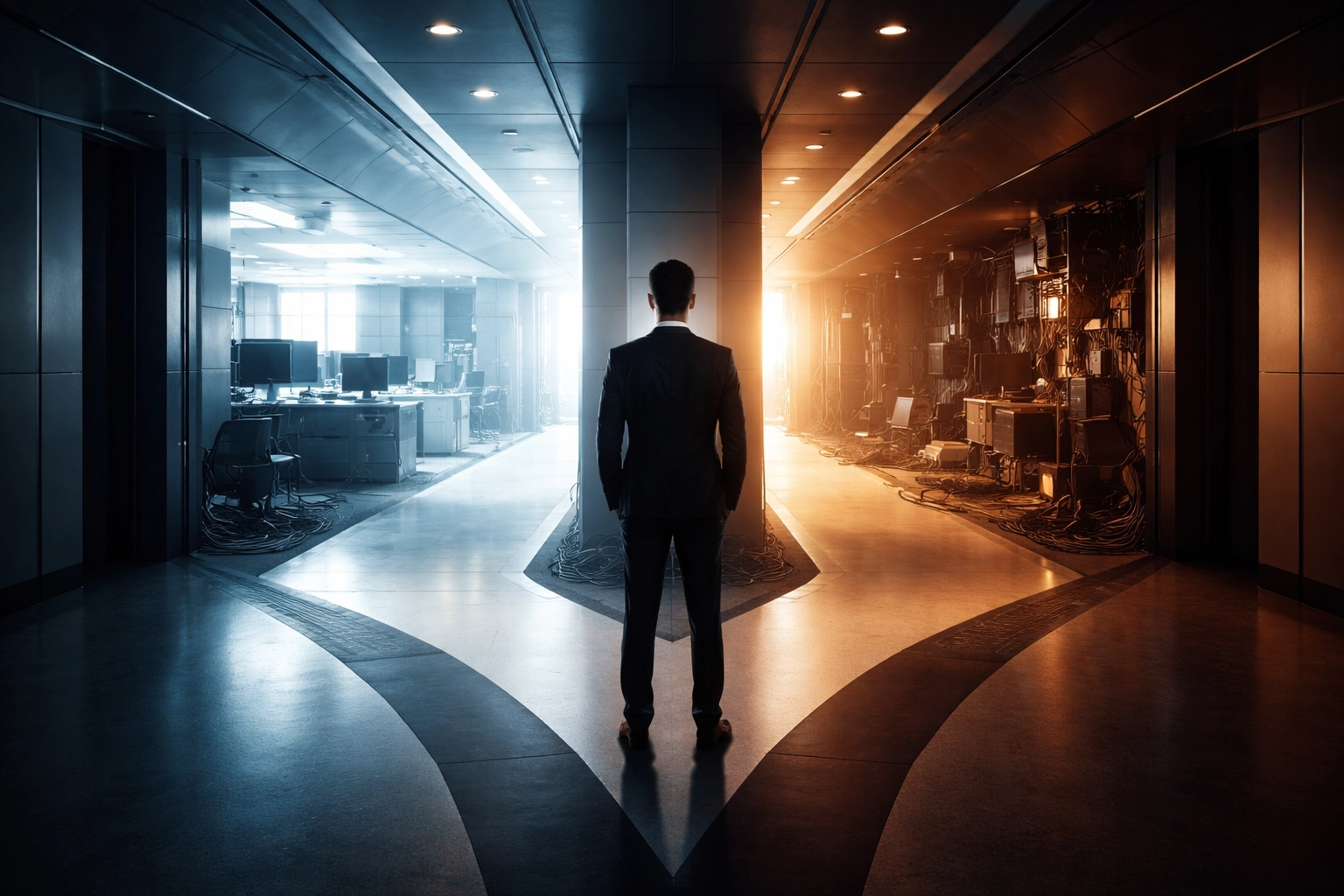 Business professional choosing between organized AI implementation and outdated systems