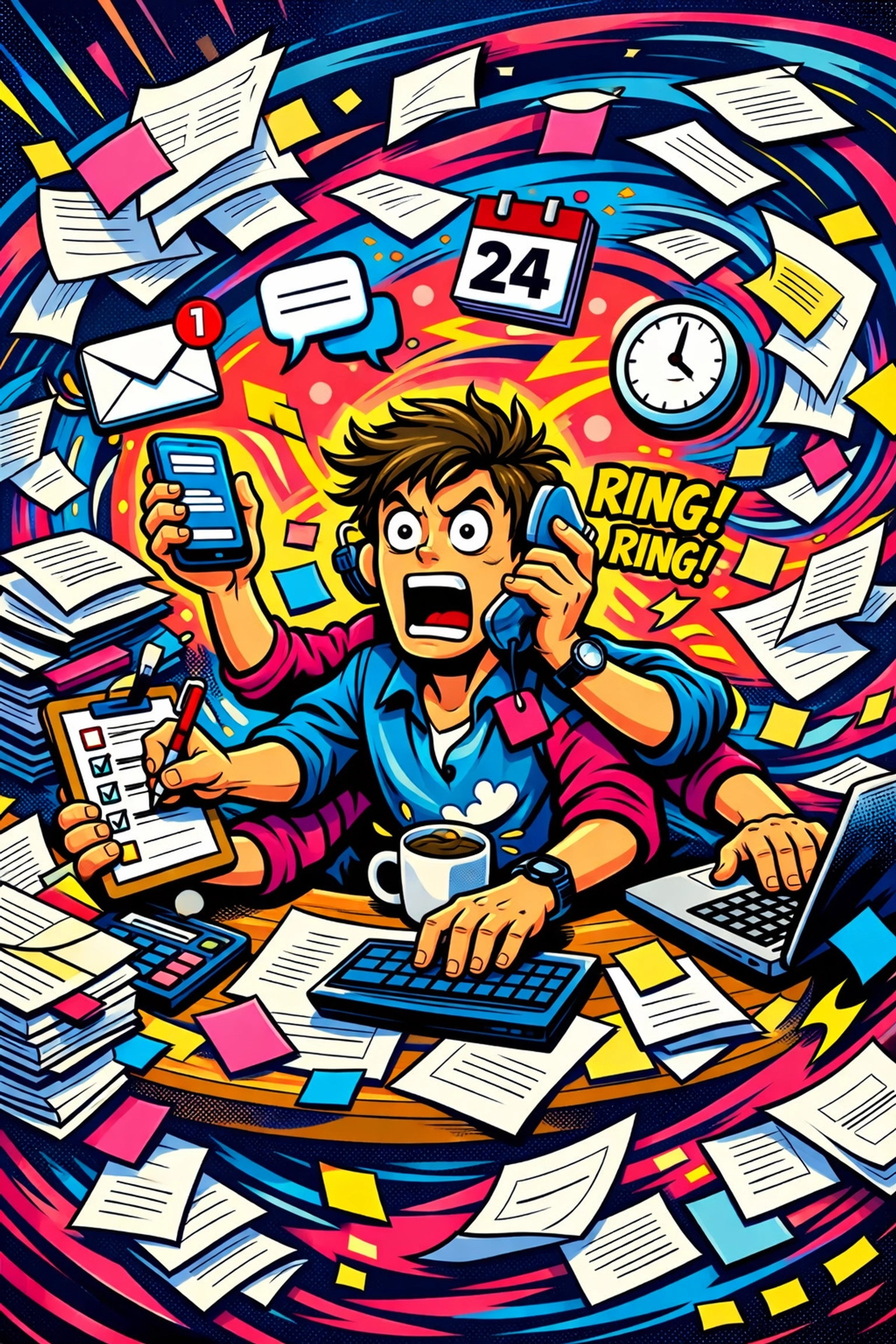 Overwhelmed solopreneur juggling multiple business tasks without workflow automation