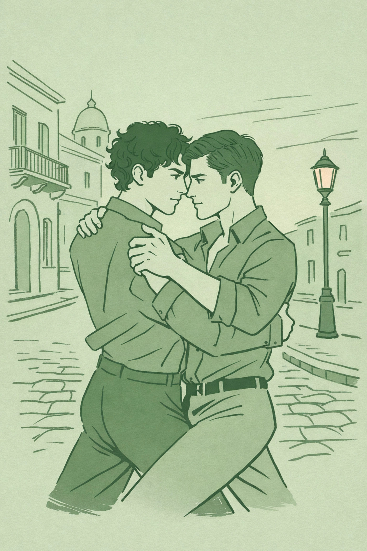 Two men in intimate tango embrace on Buenos Aires street corner in MM romance illustration