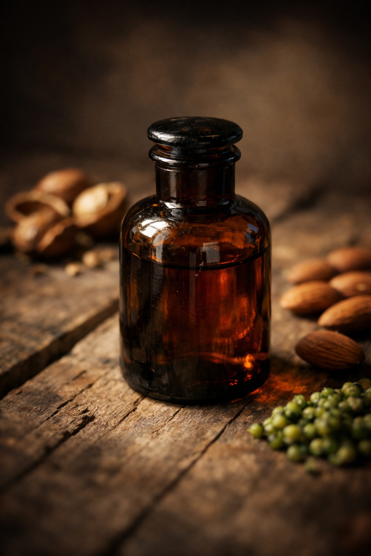 Natural beard oil carrier ingredients like broccoli seeds and almonds near an apothecary bottle.