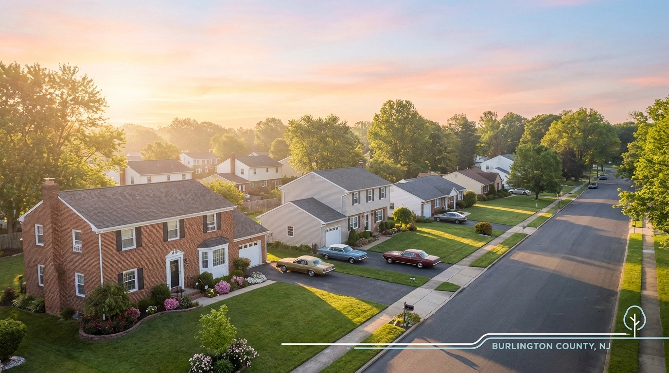 Sunrise over a residential Burlington County NJ neighborhood with well-kept homes, tree-lined streets, and calm morning light