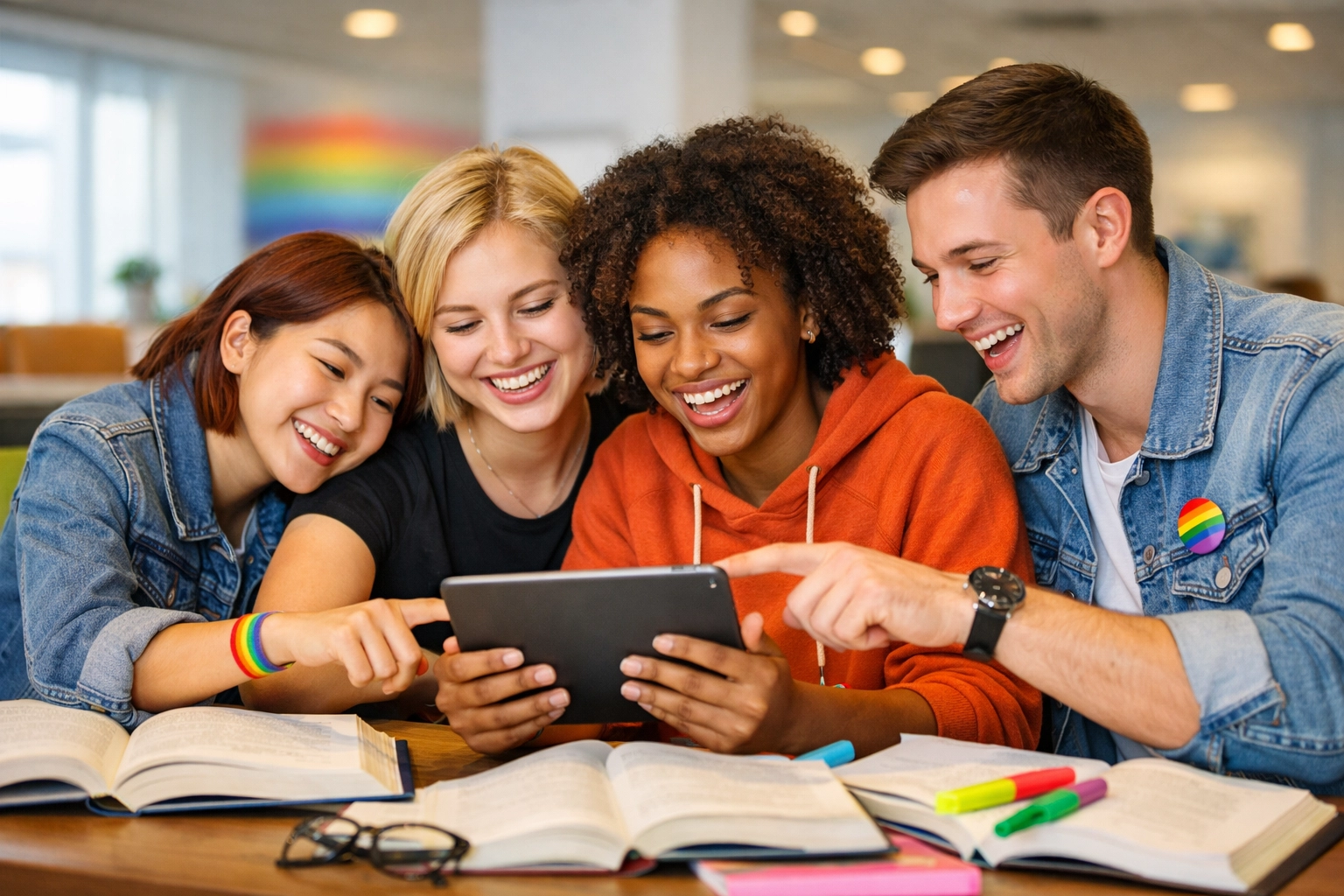 Diverse LGBTQ+ students studying together in a bright university lounge, highlighting inclusive education and community.