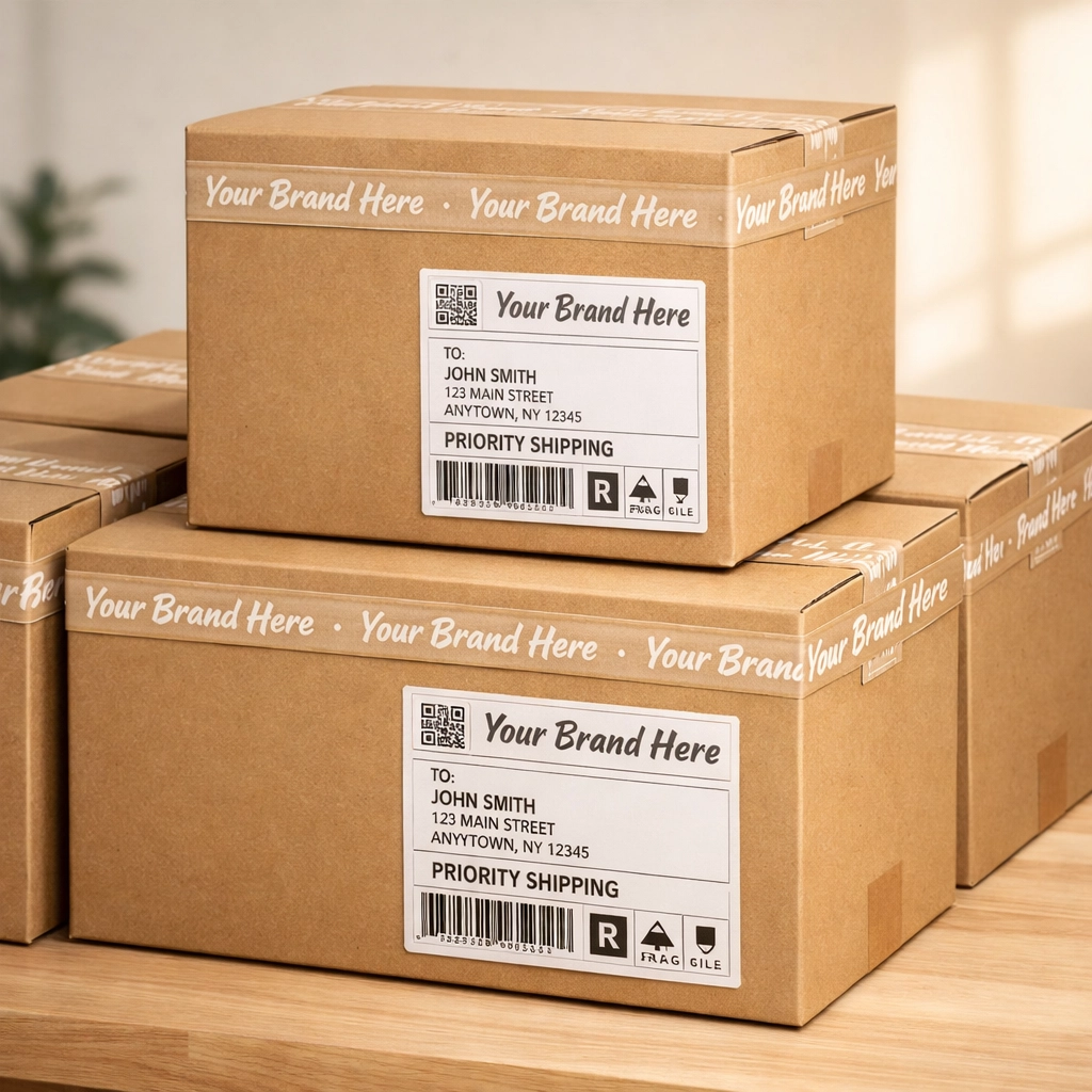 Stacked shipping boxes featuring custom branded packing tape and specialized mailing labels.