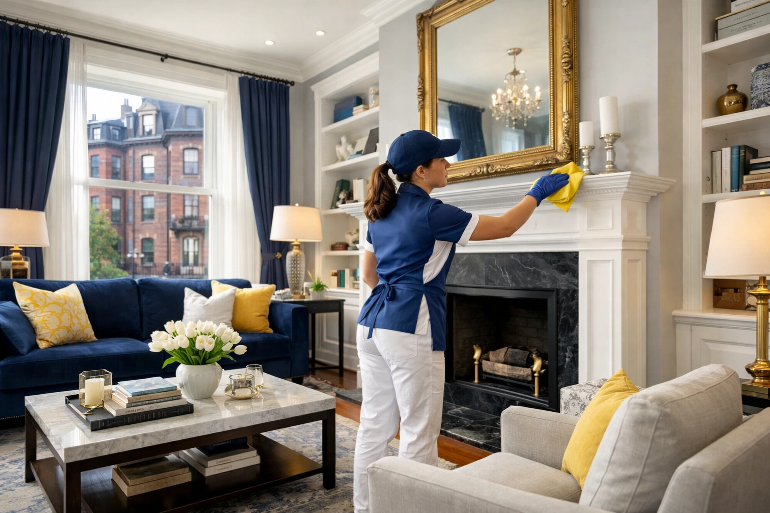 Professional cleaner performing meticulous apartment cleaning in a historic Boston brownstone living room.