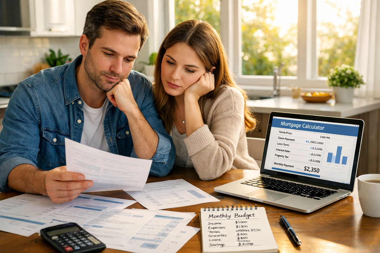 Couple reviewing Nashville home budget and mortgage calculator at kitchen table