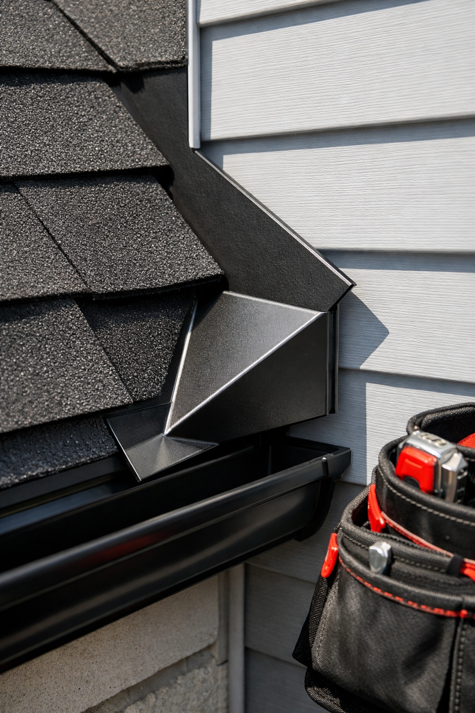 Proper kick-out flashing installation by a Salisbury roofer to direct water away from siding.