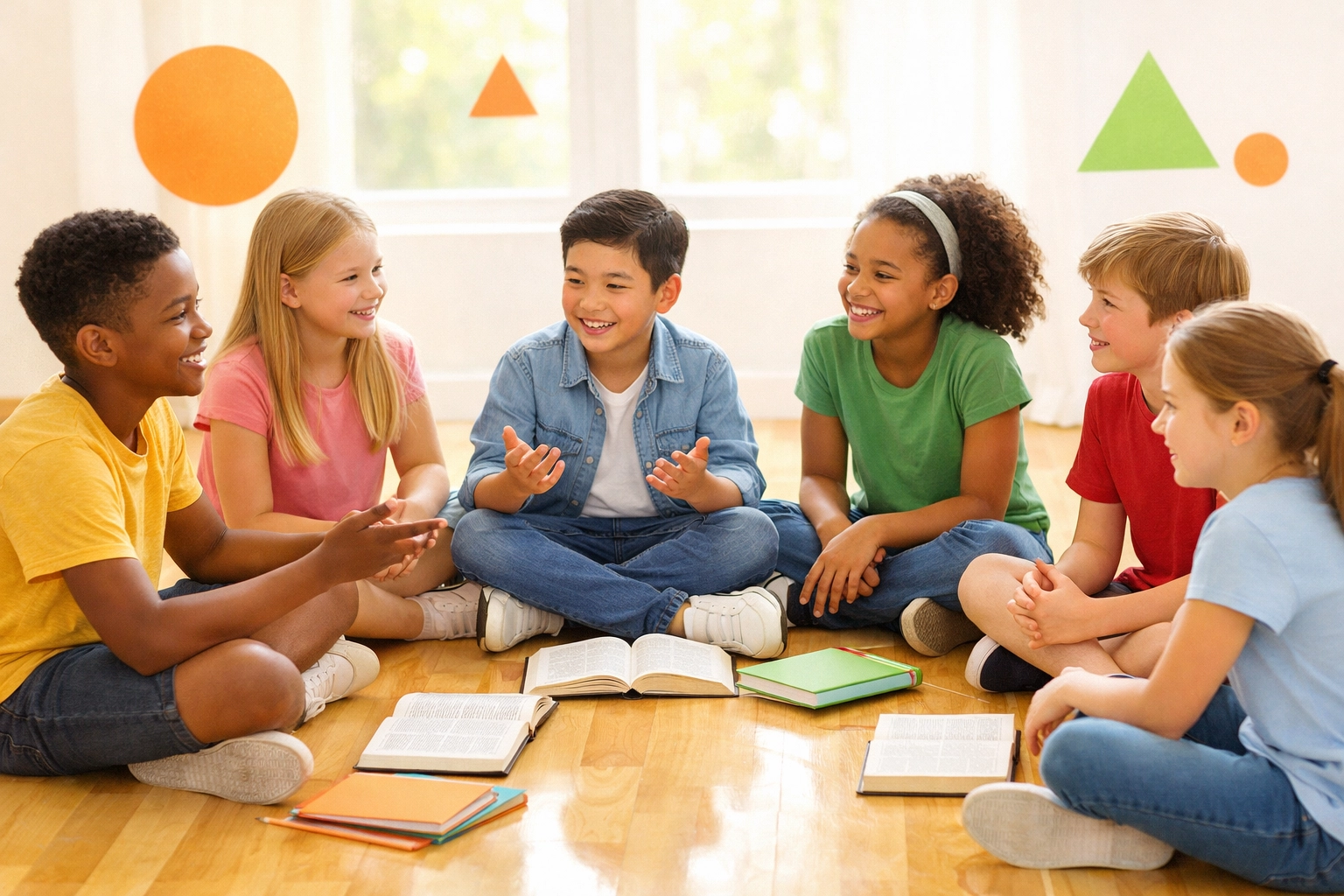 Children learning Christian life skills together with Bibles and notebooks in a group setting