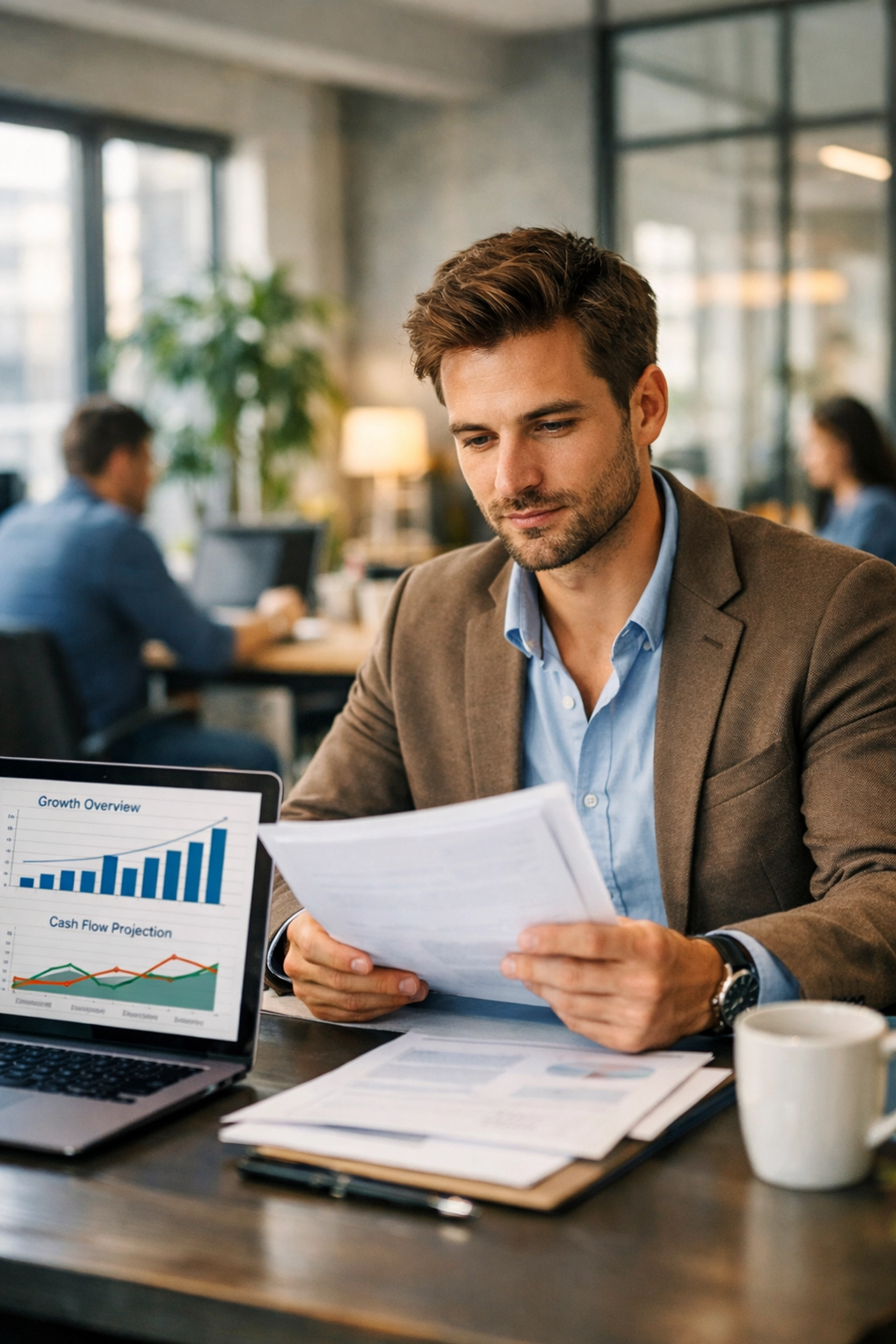 Business owner reviewing financial growth metrics while applying for startup funding