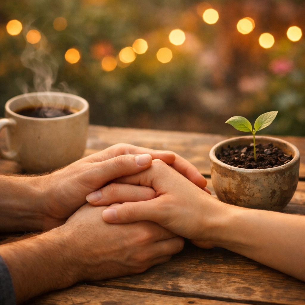 Intertwined hands and a small sprout representing growth and nurturing in premarital preparation.