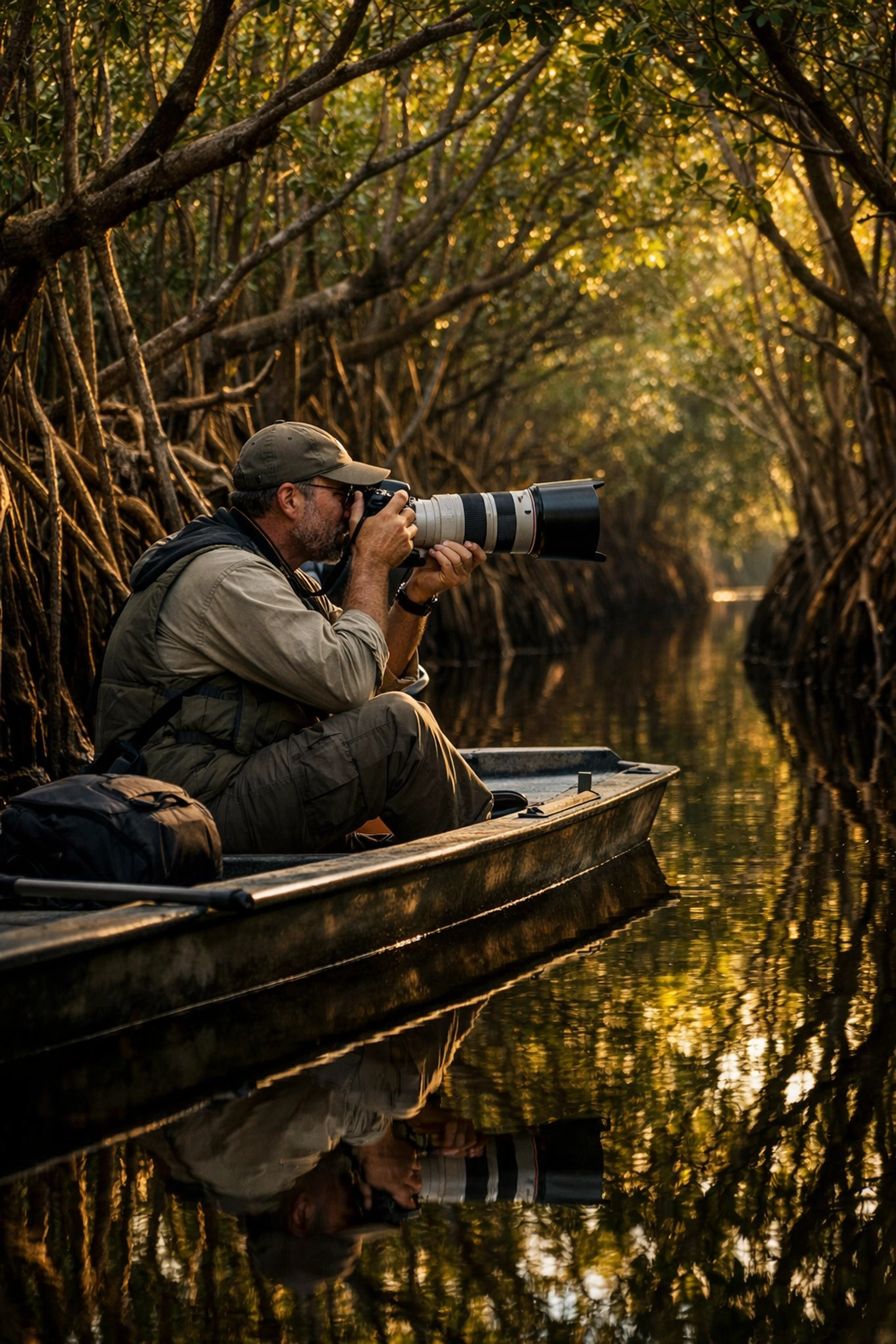 Photographer on an Everglades photography tour boat navigating a mangrove tunnel.