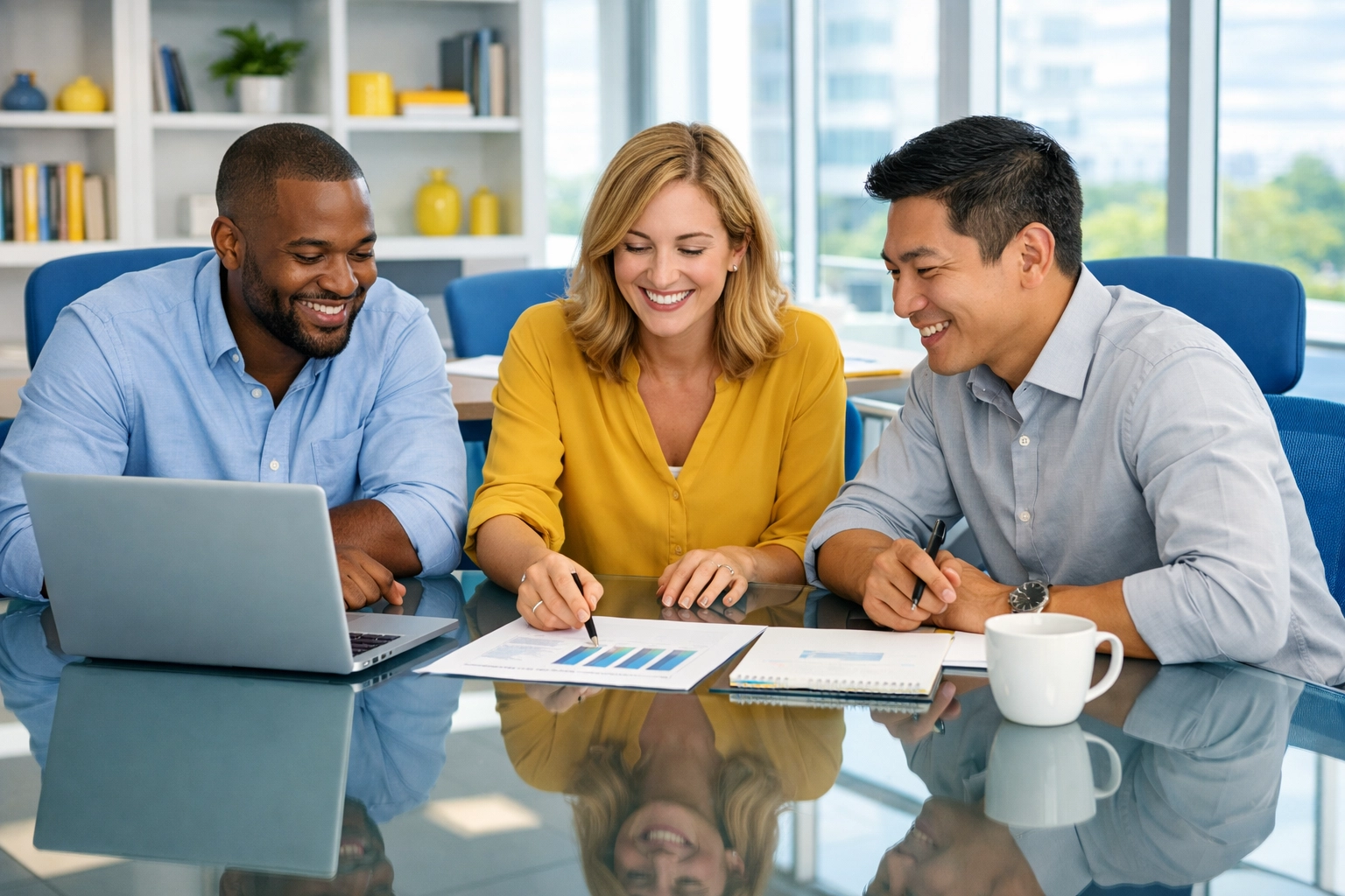 Team working in a spotless open-plan office following a thorough office cleaning in Bedford.