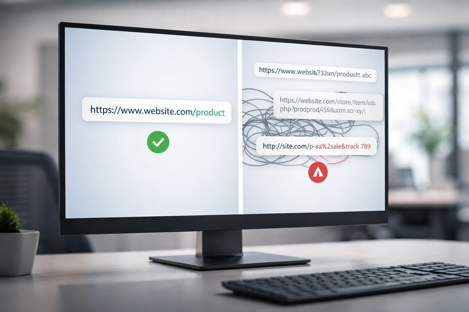 Monitor displaying a simple versus complex Shopify URL structure to highlight duplicate content issues