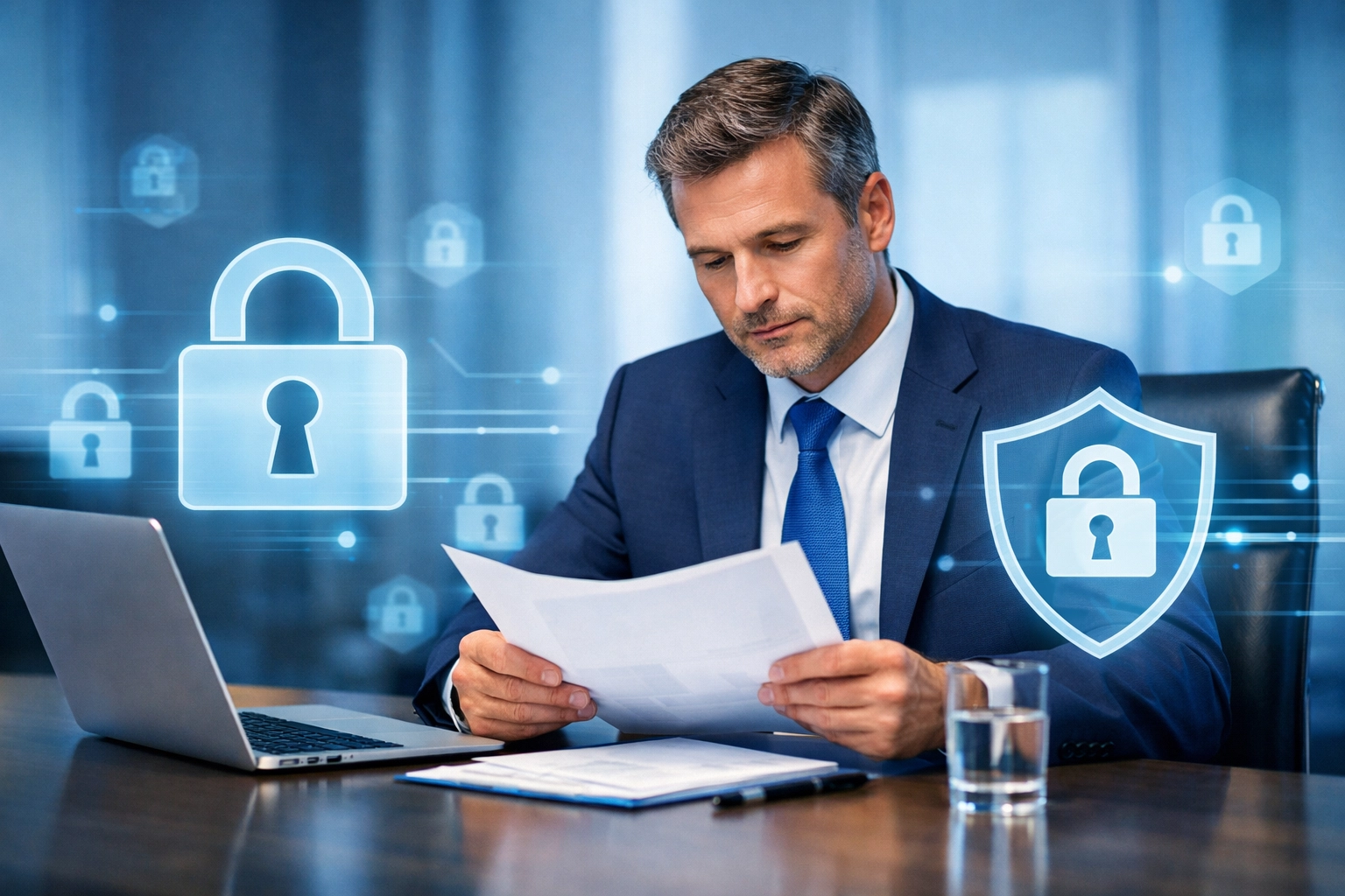 Business executive reviewing data security and cybersecurity compliance documents