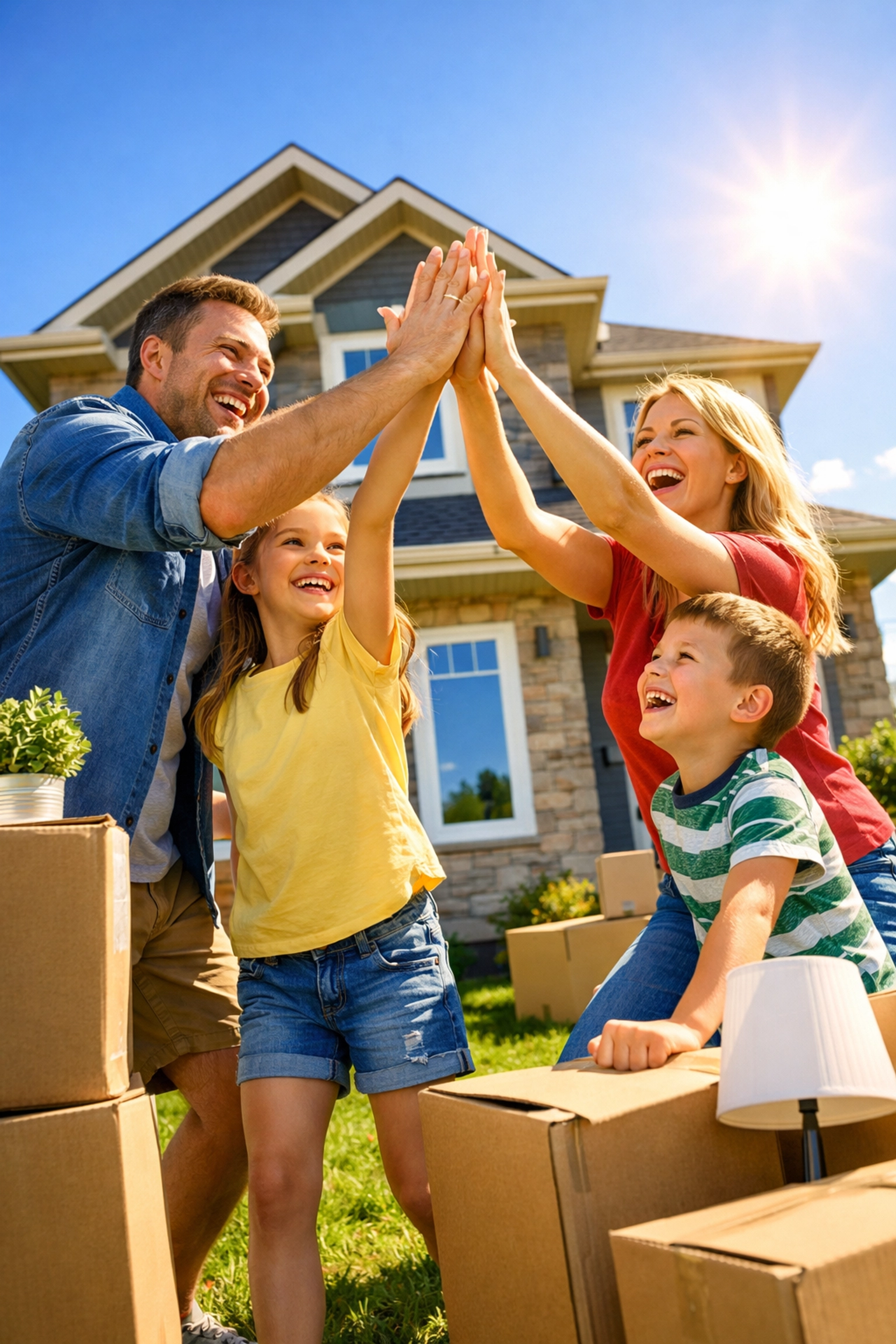 Happy family celebrating move into new Alberta home with bridge financing