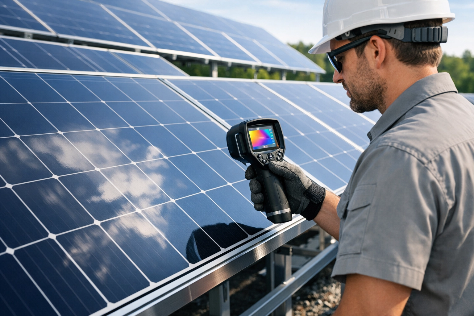 Professional technician performing maintenance and efficiency inspection on a commercial solar power setup.