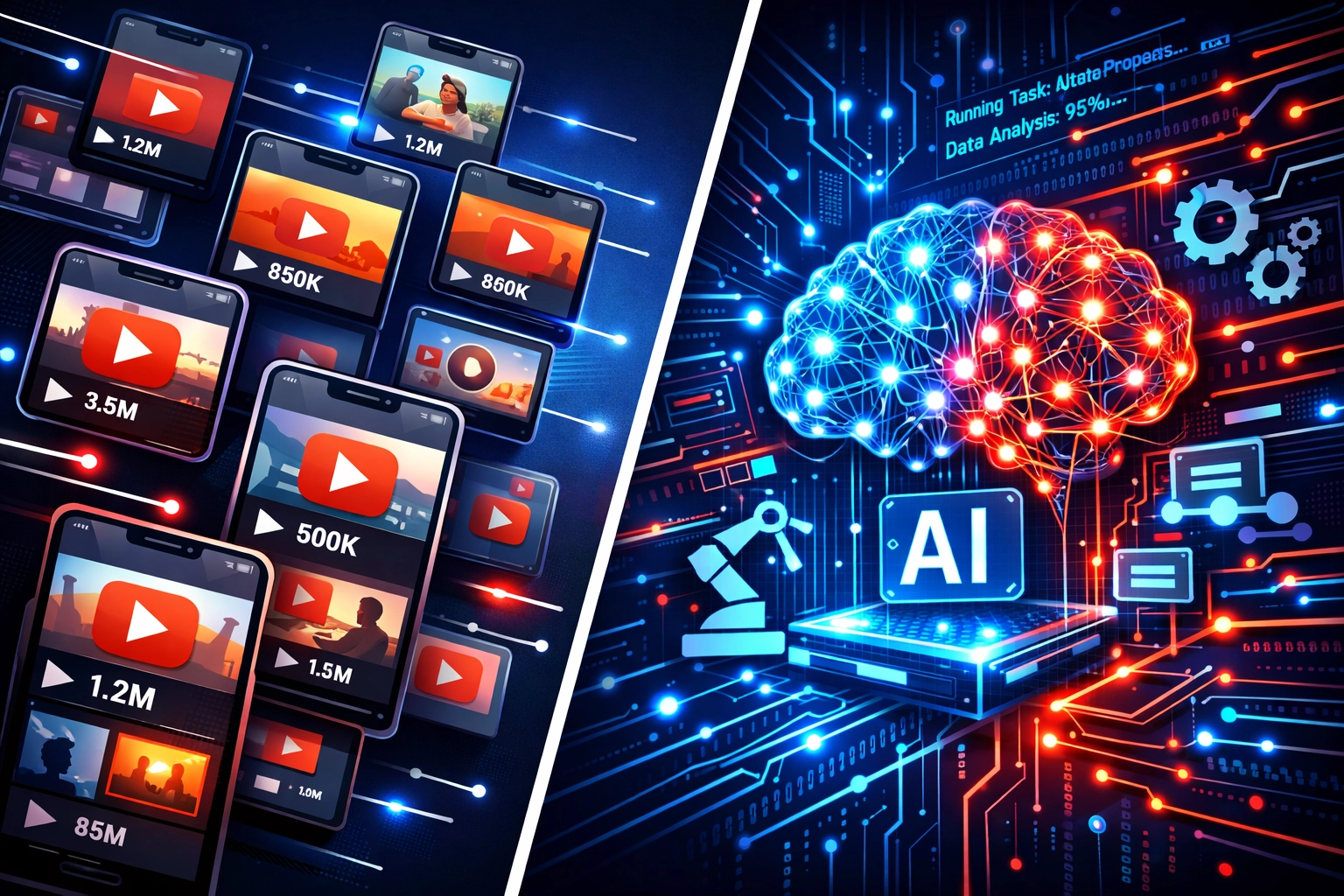 AI-powered video content automation showing multiple thumbnails and automated scheduling tools