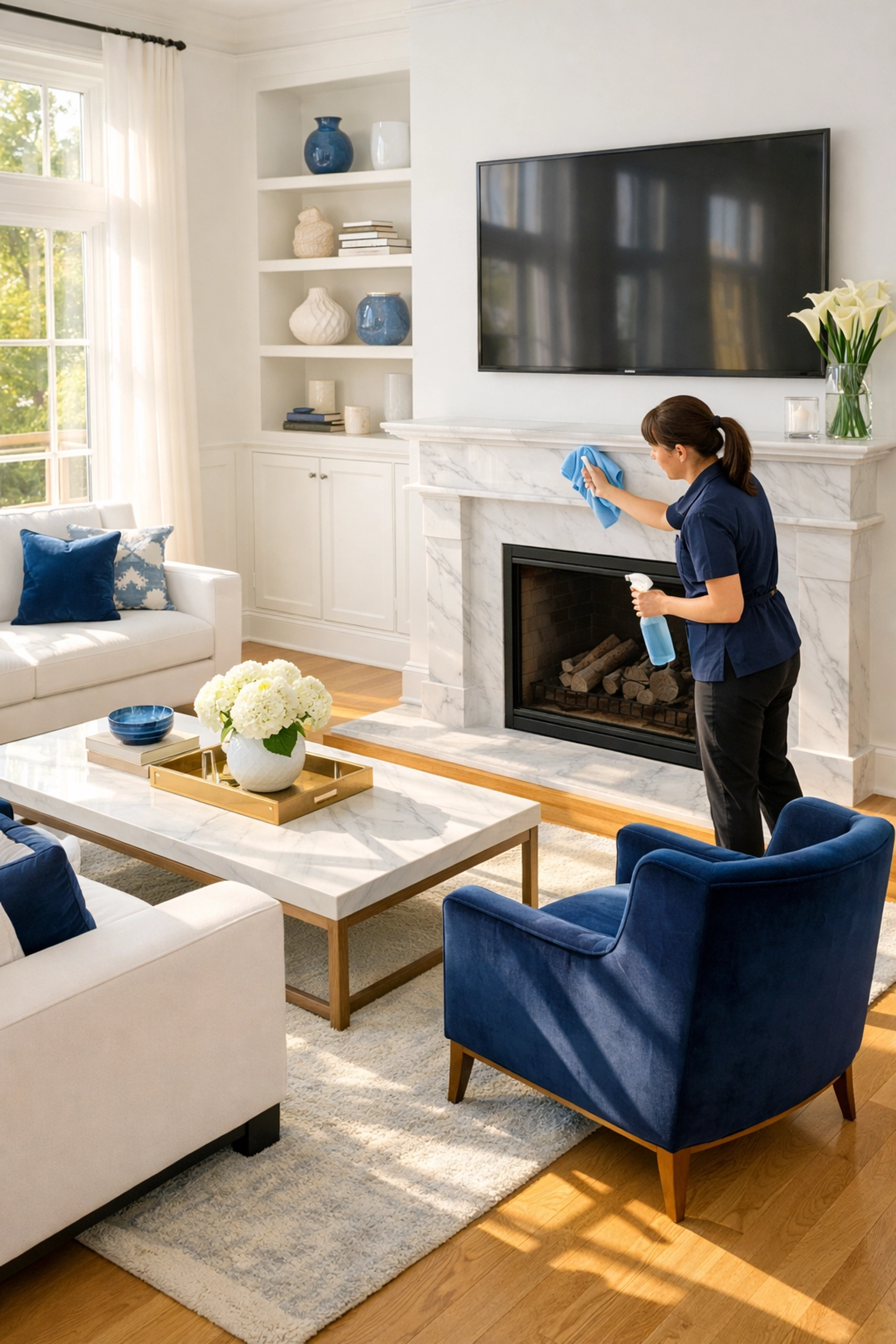 Professional cleaner detailing a luxury marble fireplace in a modern home, representing high-quality house cleaning services MA.