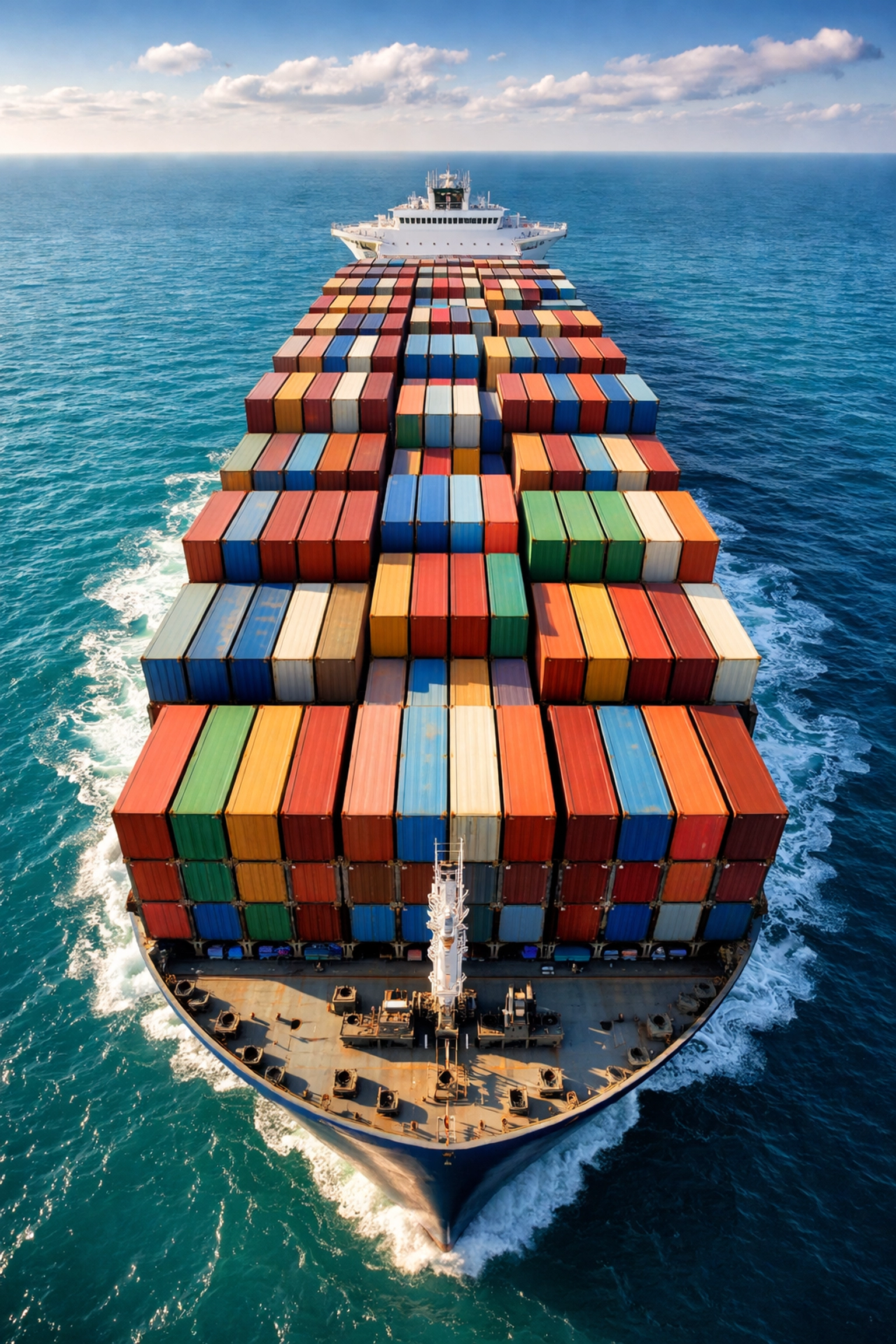 Aerial view of colorful shipping containers stacked on a cargo ship deck for ocean freight