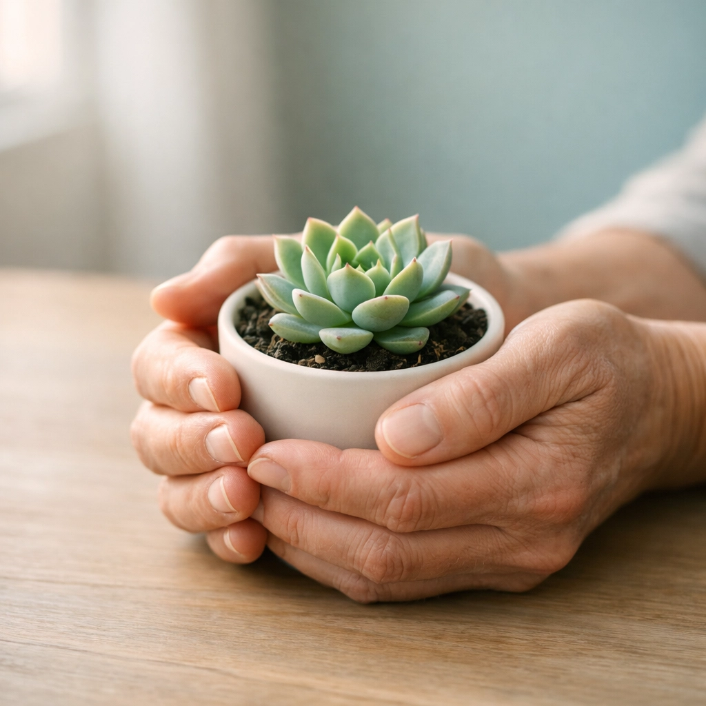 Hands gently nurturing a small plant, symbolizing self-compassion and honoring your healing journey