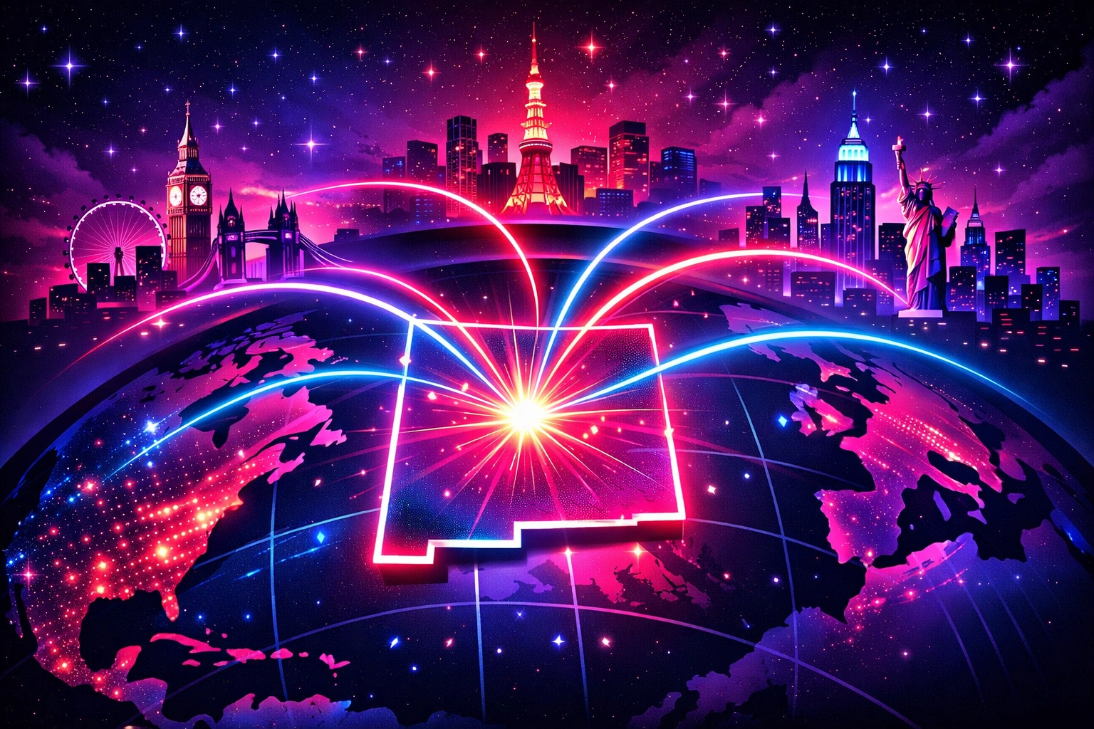 Global communication map connecting Albuquerque business meetings with international time zones.